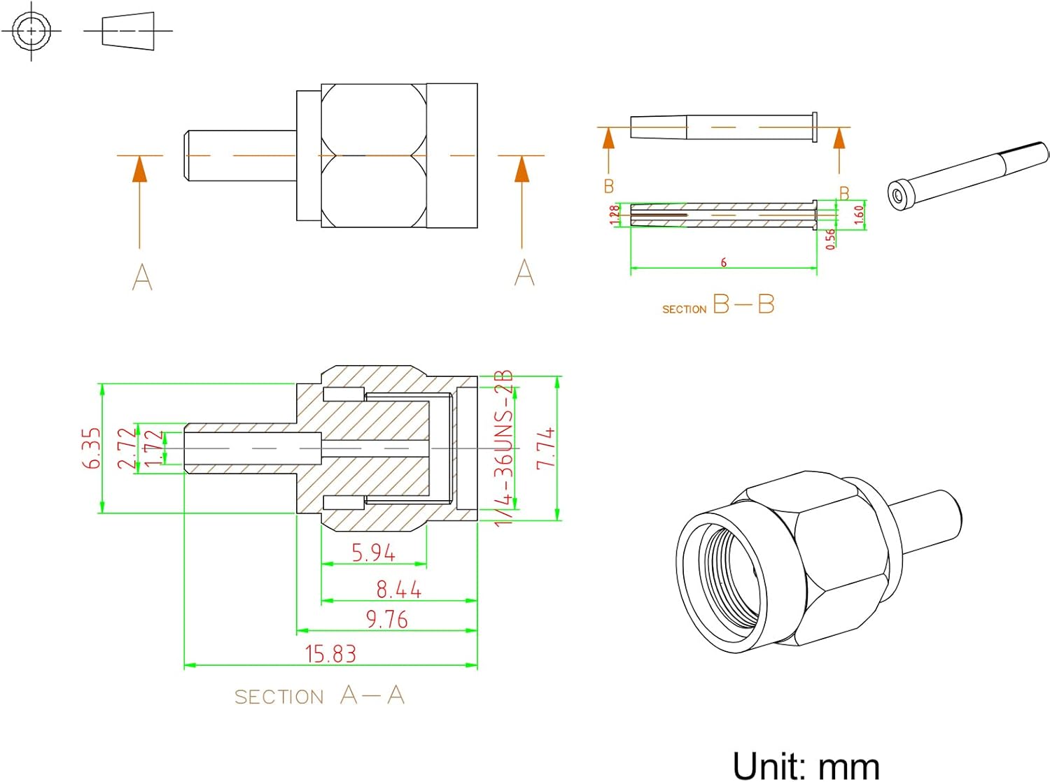 Eightwood 10pcs RP-SMA Male RF Crimp Connector 50ohms Gold-Plated for RG316 RG174 Cable