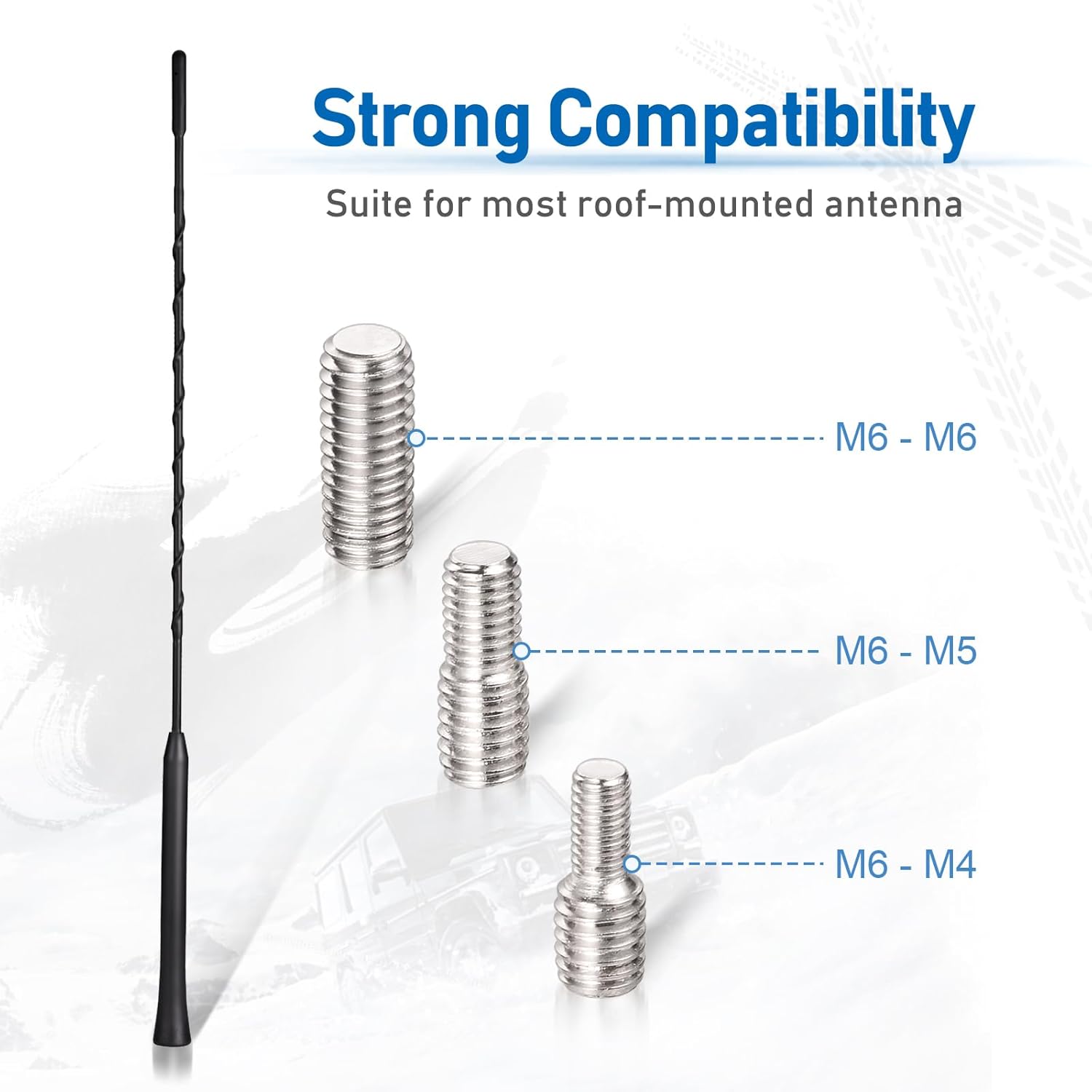 Eightwood Vehicle Antenna Replacement 16 inch, AM FM Universal Roof Mount Car Radio Antenna Mast, Flexible Rubber Antennae with M4 M5 M6 Threaded Adapter