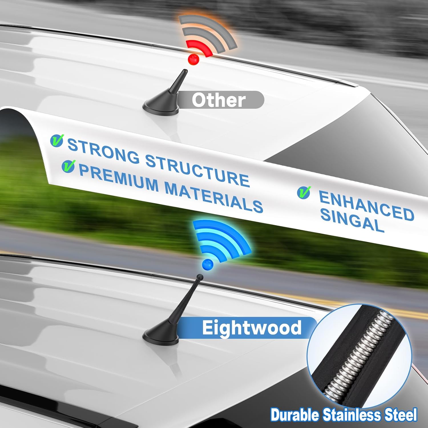 Eightwood Short Vehicle FM AM Radio Antenna 3.4 inch, Universal Roof Mount Rubber Car Antenna Mast Replacement with M4 M5 M6 Thread Adapters