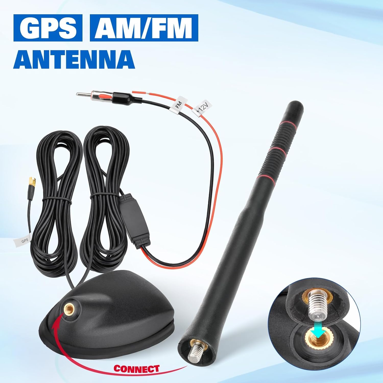 Eightwood FM/AM + GPS Car Combo Antenna, Amplified FM AM Radio Antenna DIN Plug and GPS Antennae SMA Connector for Vehicle Car Truck SUV Radio Stereo Receiver Head Unit GPS Navigation System
