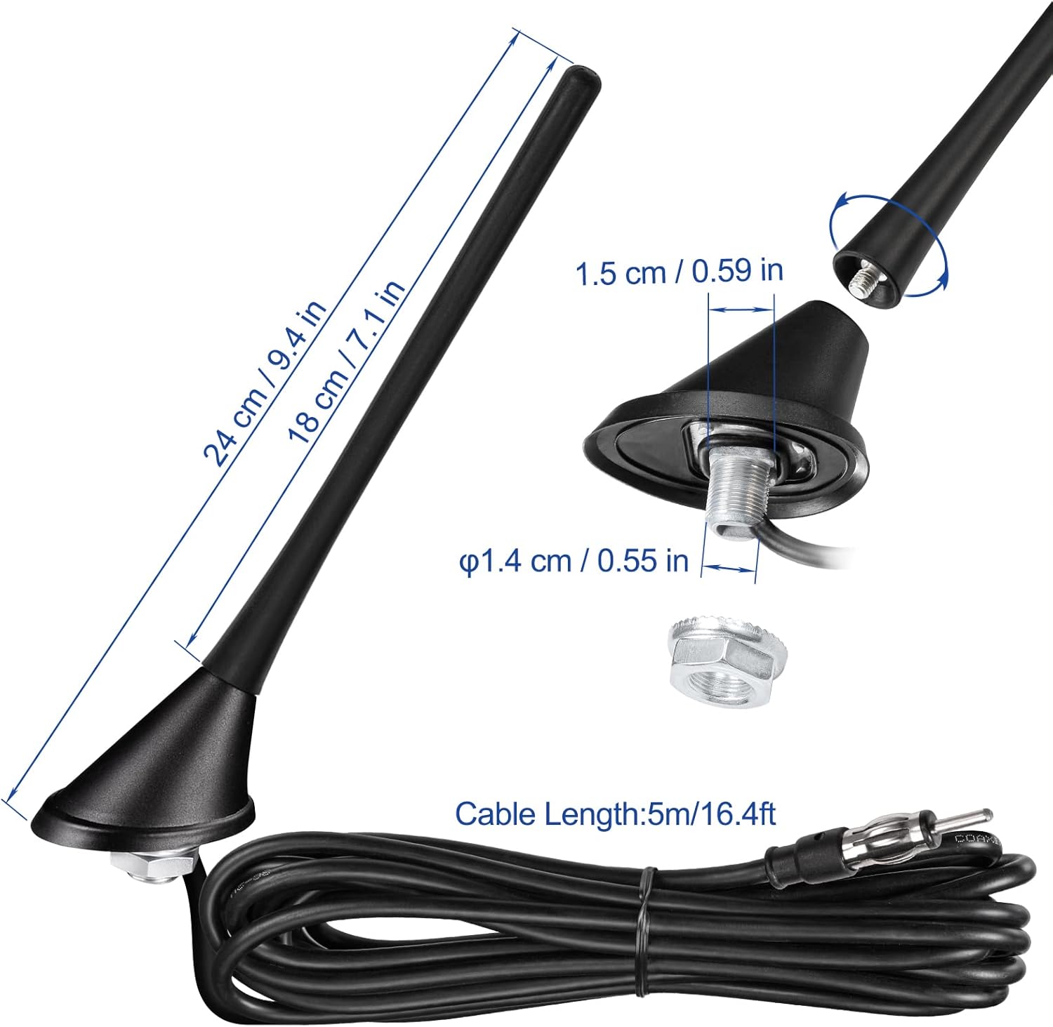 Eightwood Car Stereo AM FM Radio Antenna, Universal Roof Mount Antenna Replacement with Mount Base 16ft Extension Cable for Vehicle Car Truck Stereo Receiver Head Unit FM HD Radio