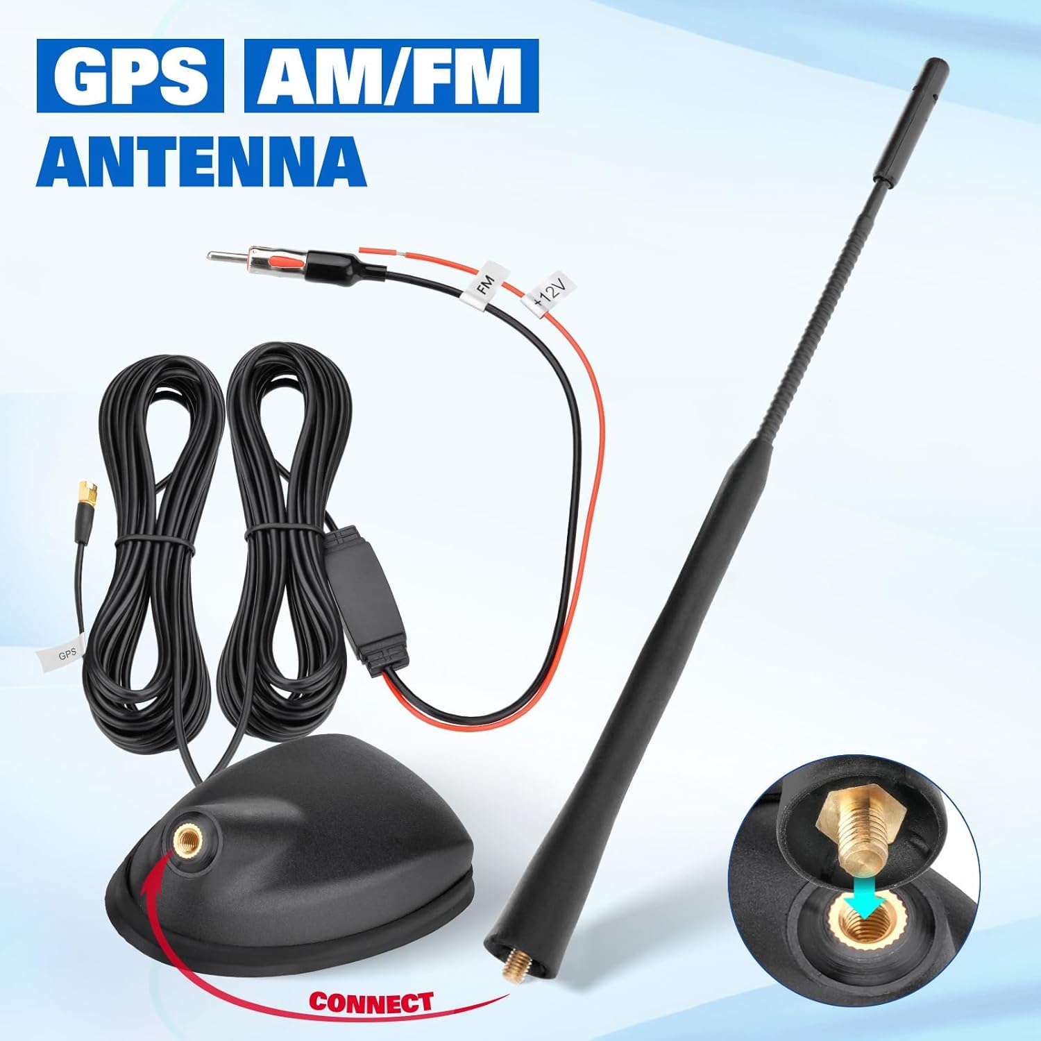 Eightwood FM/AM + GPS Car Combo Antenna, Amplified FM AM Radio Antenna and GPS SMA Antennae with 16.4 feet Cable for Car Truck SUV Marine Boat Radio Stereo Receiver Head Unit Navigation System