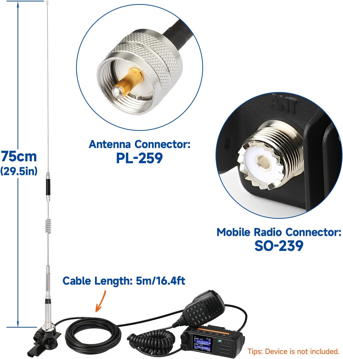 Eightwood Vehicle Mobile Ham Radio Antenna Dual Band PL259 VHF UHF 144/430MHz Anti-Rust Antenna 30in with Lip Mount Fixed Bracket and RG58 Extension Cable 16.4ft for Car Truck Amateur Radio