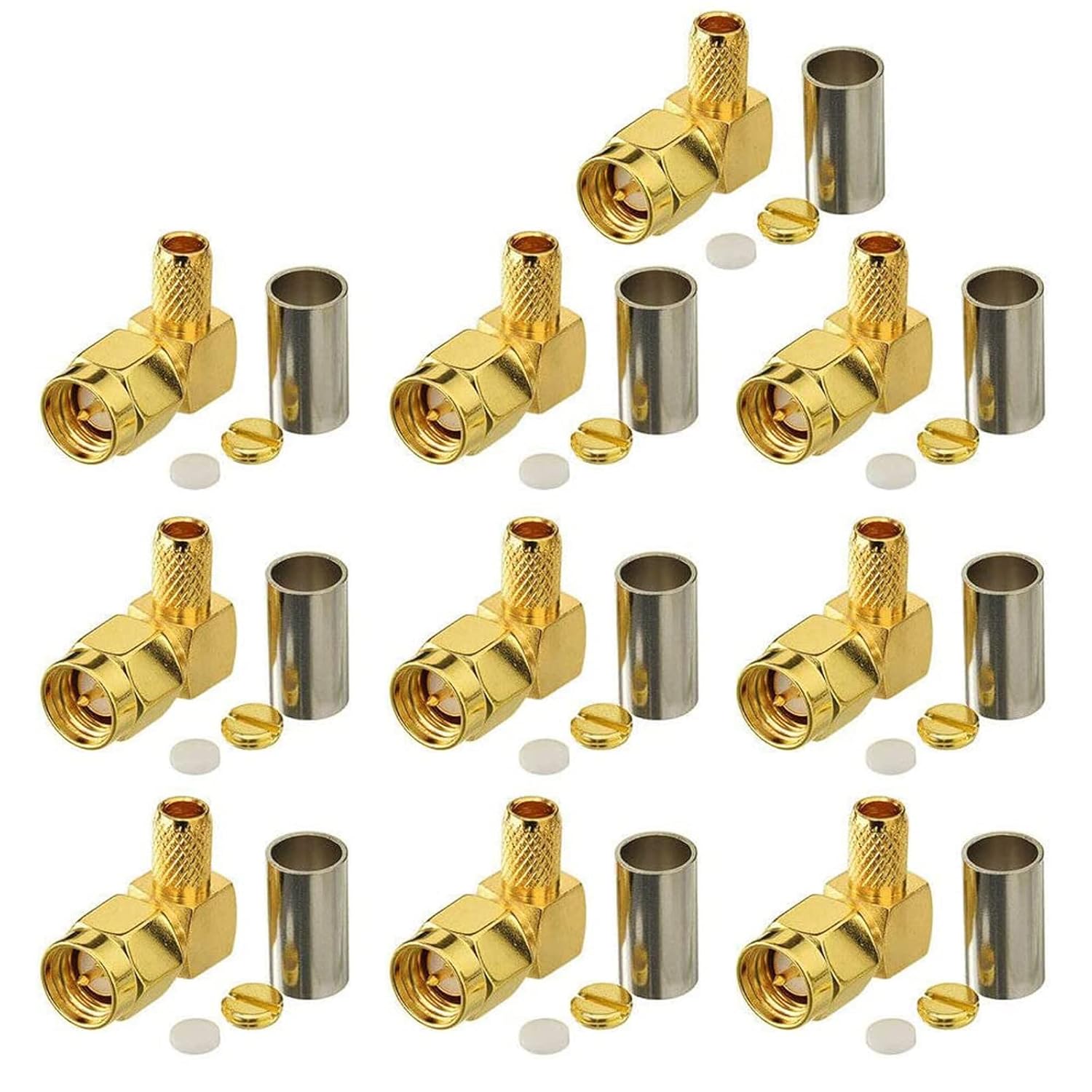 Eightwood 10pcs SMA Male Crimp Connector Right Angle for RG58 RG142 LMR195 Coaxial Cable