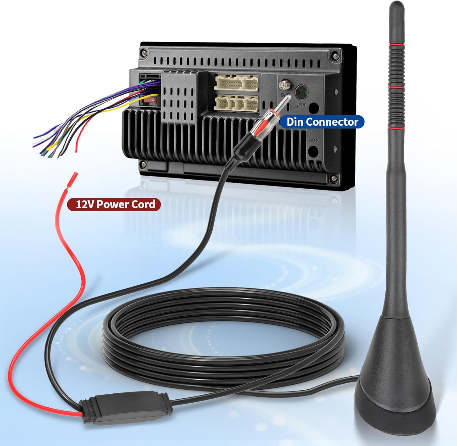 Eightwood Universal AM FM Car Radio Antenna, Roof Mount Amplified Stereo Antenna with 12V Power Wire DIN Plug Connector for Vehicle Car Truck SUV Radio Stereo Receiver Media Head Unit