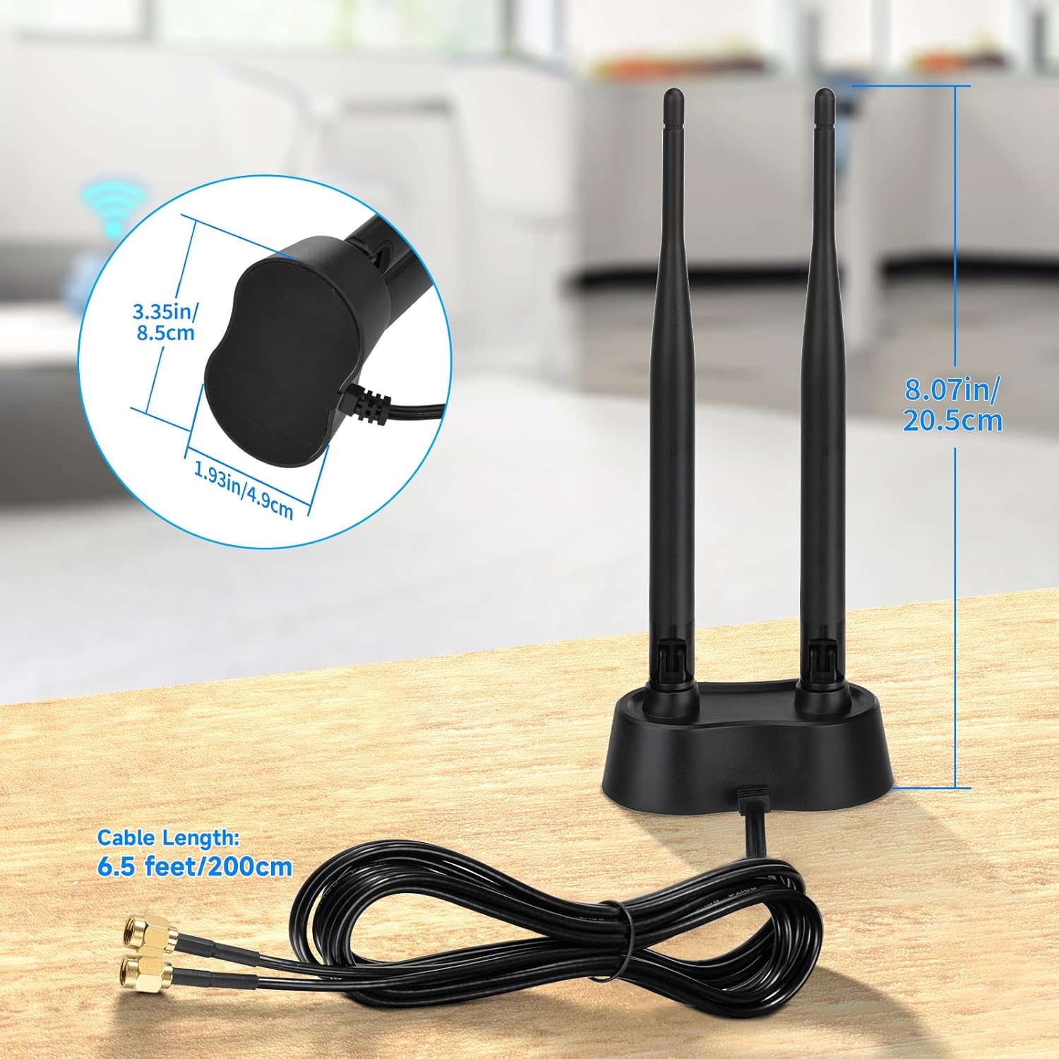 Eightwood 9dBi Dual Band WiFi Antenna 2.4GHz 5GHz RP-SMA WiFi Antenna with Magnetic Base and 6.5ft Extension Cable for PC Desktop Computer PCIe WiFi Bluetooth Wireless Network Card, WiFi Router