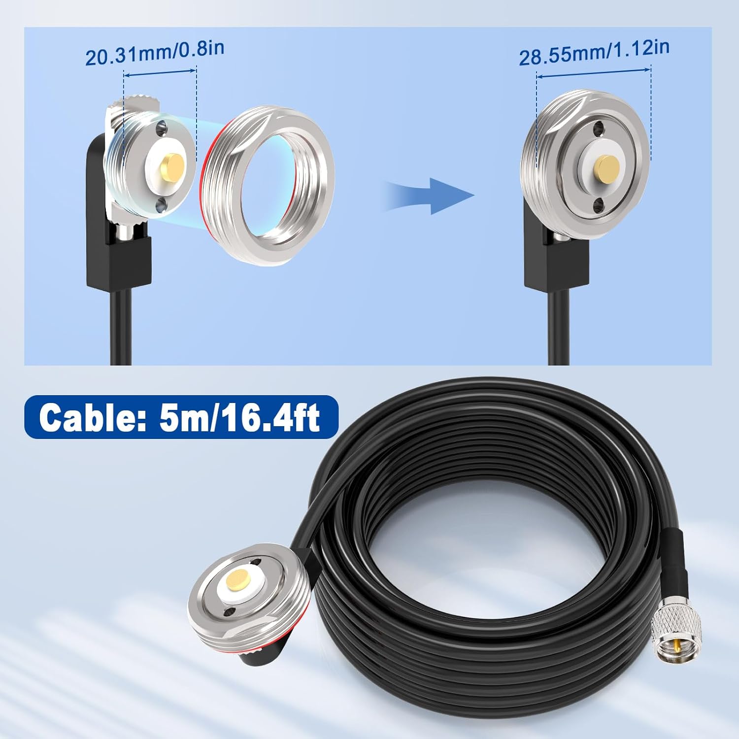 Eightwood NMO Antenna Mount to Mini-UHF Male Extension Cable RG58 16.4 feet + L Shape Bracket for Two-Way CB Mobile Radio Antenna Scanner