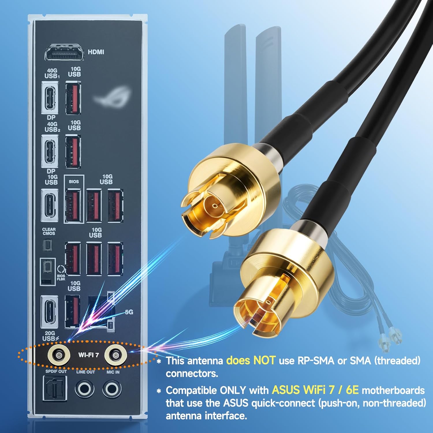 Eightwood WiFi 7 WiFi 6E Gaming PC Motherboard Antenna for ASUS ROG Strix X870E-E/B850-A, TUF Gaming B850-PLUS/X870-PLUS, Prime X870-P, Magnetic Base with 6.5ft Cable and Push-On Connector