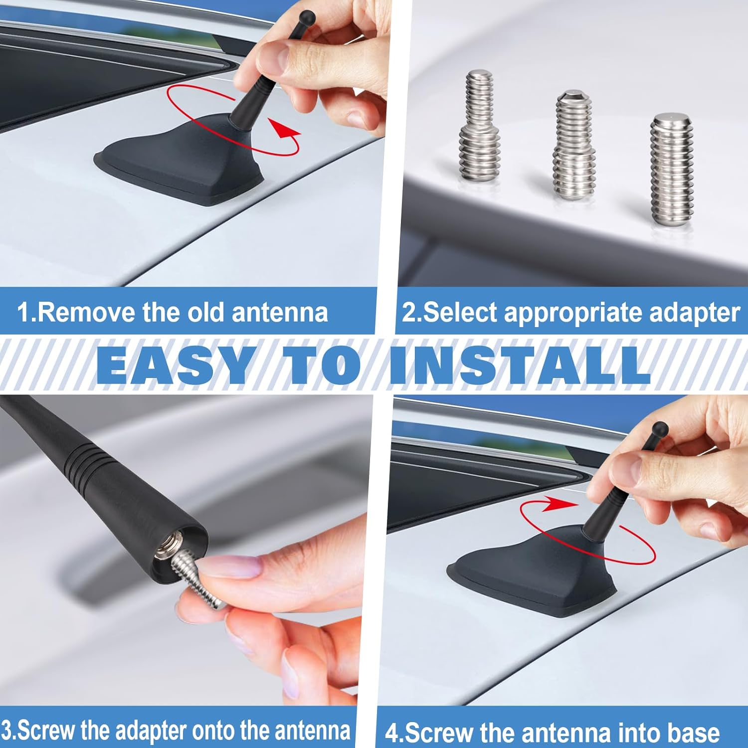 Eightwood Short Vehicle FM AM Radio Antenna 3.4 inch, Universal Roof Mount Rubber Car Antenna Mast Replacement with M4 M5 M6 Thread Adapters