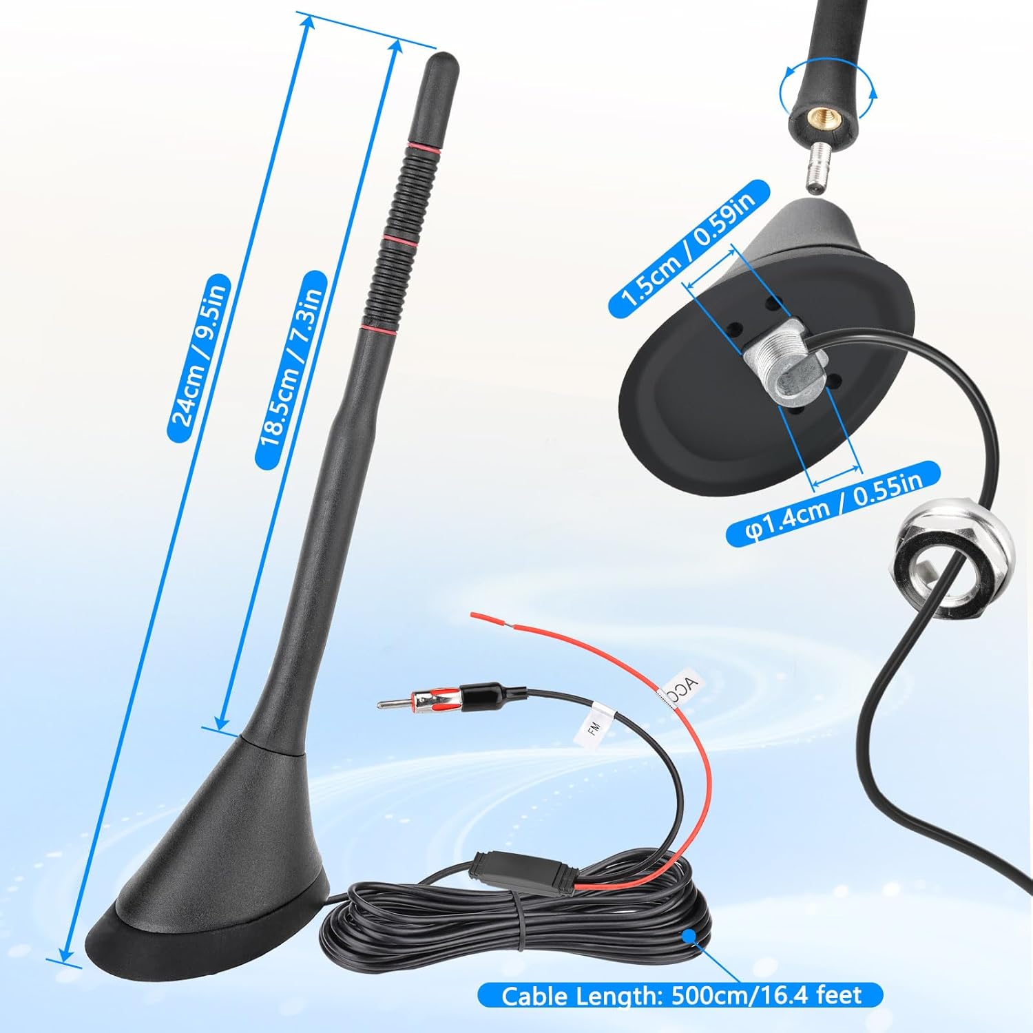 Eightwood Universal AM FM Car Radio Antenna, Roof Mount Amplified Stereo Antenna with 12V Power Wire DIN Plug Connector for Vehicle Car Truck SUV Radio Stereo Receiver Media Head Unit