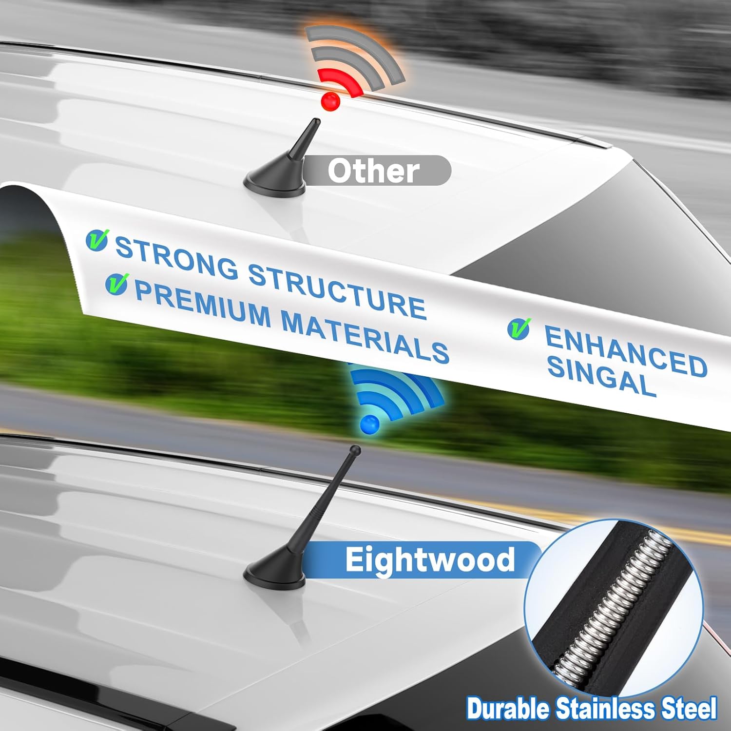 Eightwood Car FM AM Radio Antenna 4.3 inch, Rubber Universal Roof Mount Vehicle Antenna Mast Replacement with M4 M5 M6 Thread Adapters