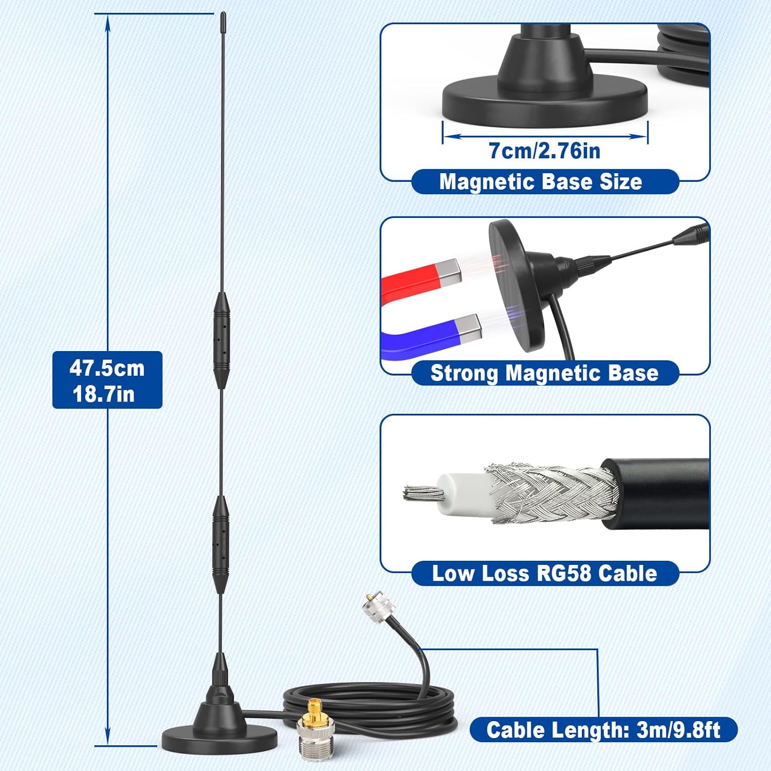 Eightwood Car Mobile Ham Radio Antenna High Gain Dual Band VHF UHF 136-174MHz 400-480MHz PL259 Male Antennae Magnetic Base with SMA Female to SO239 Adapter for BTECH Anytone Baofeng Radios