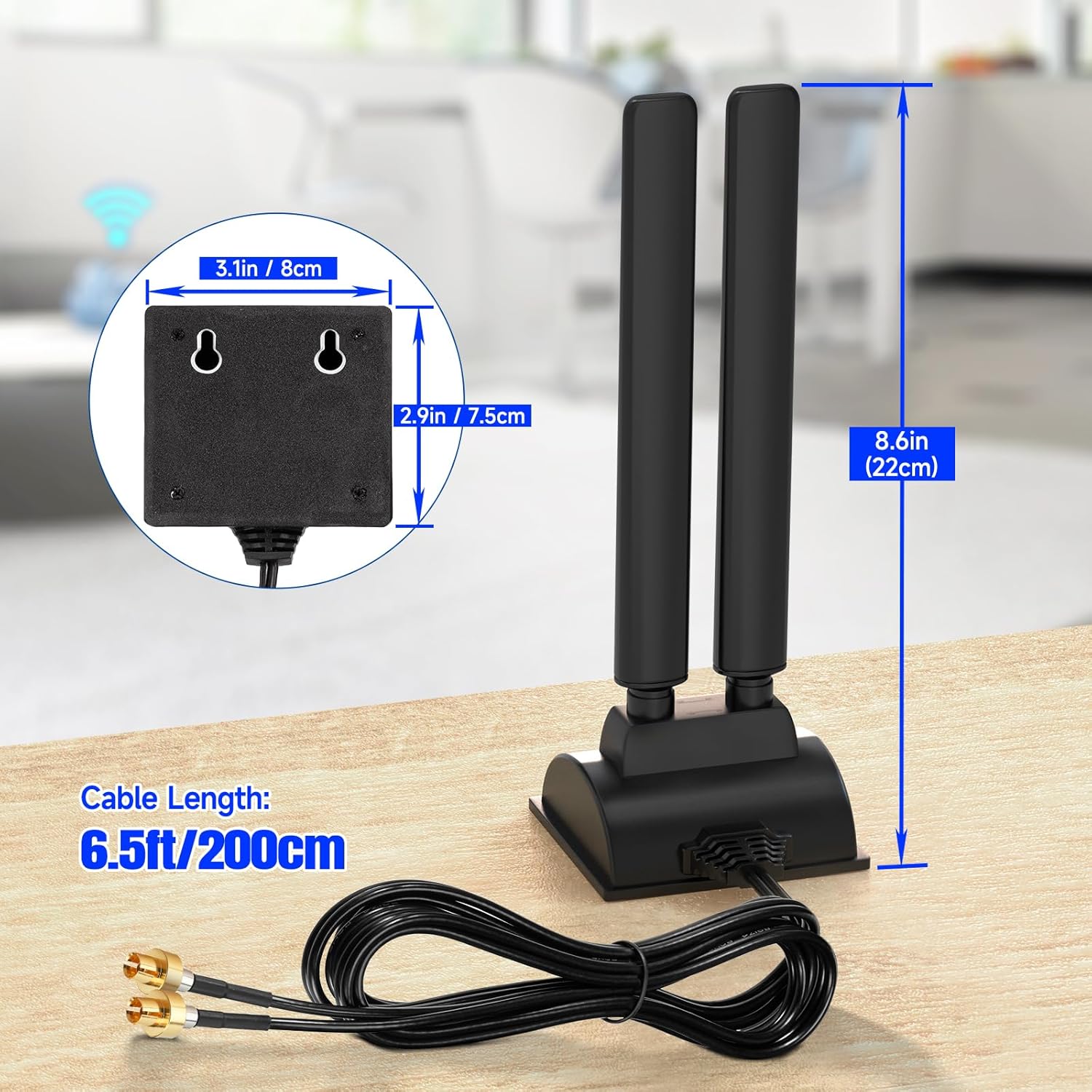 Dimensions and 6.5ft RG174 cable length specifications for Eightwood WiFi 7 antenna