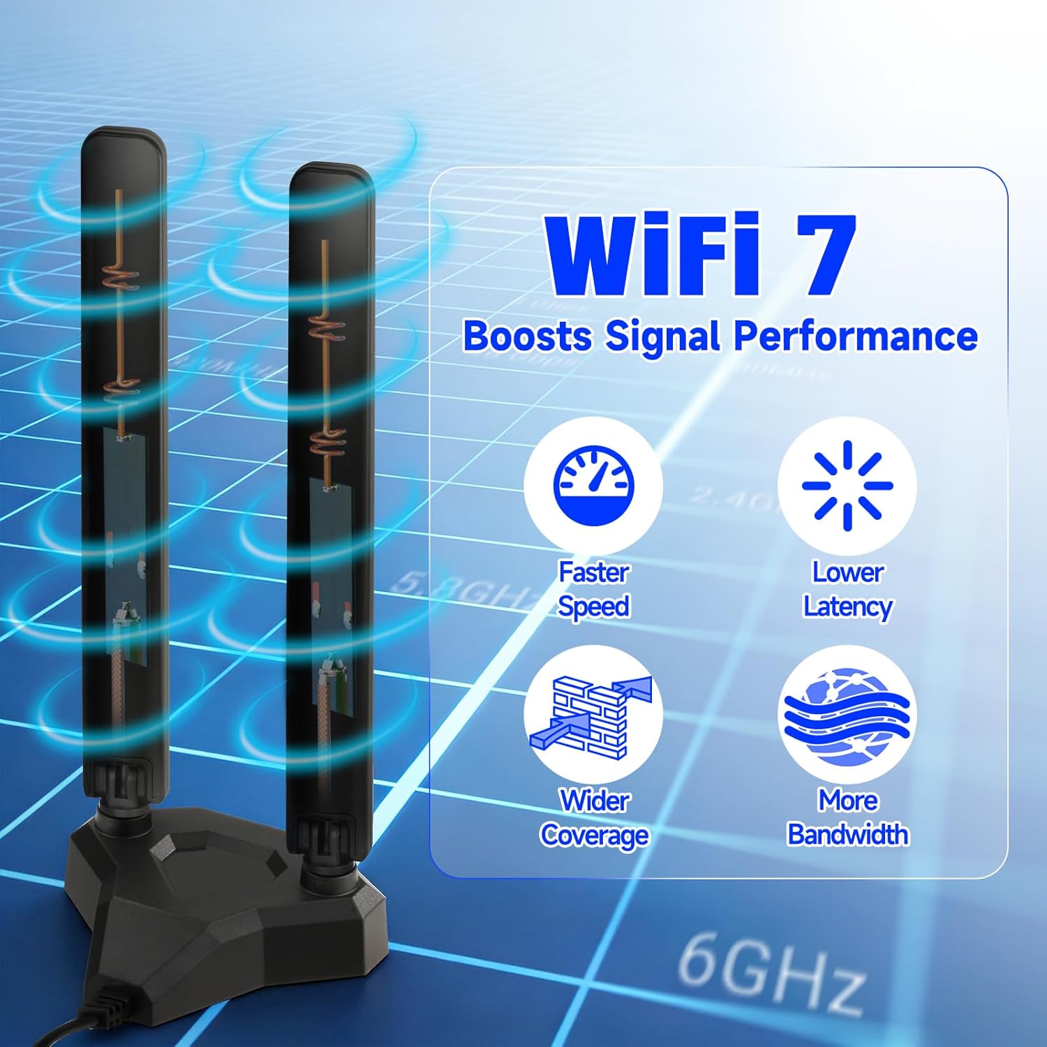 WiFi 7 High Gain Antenna with magnetic base mounted on a ROG Strix gaming desktop chassis