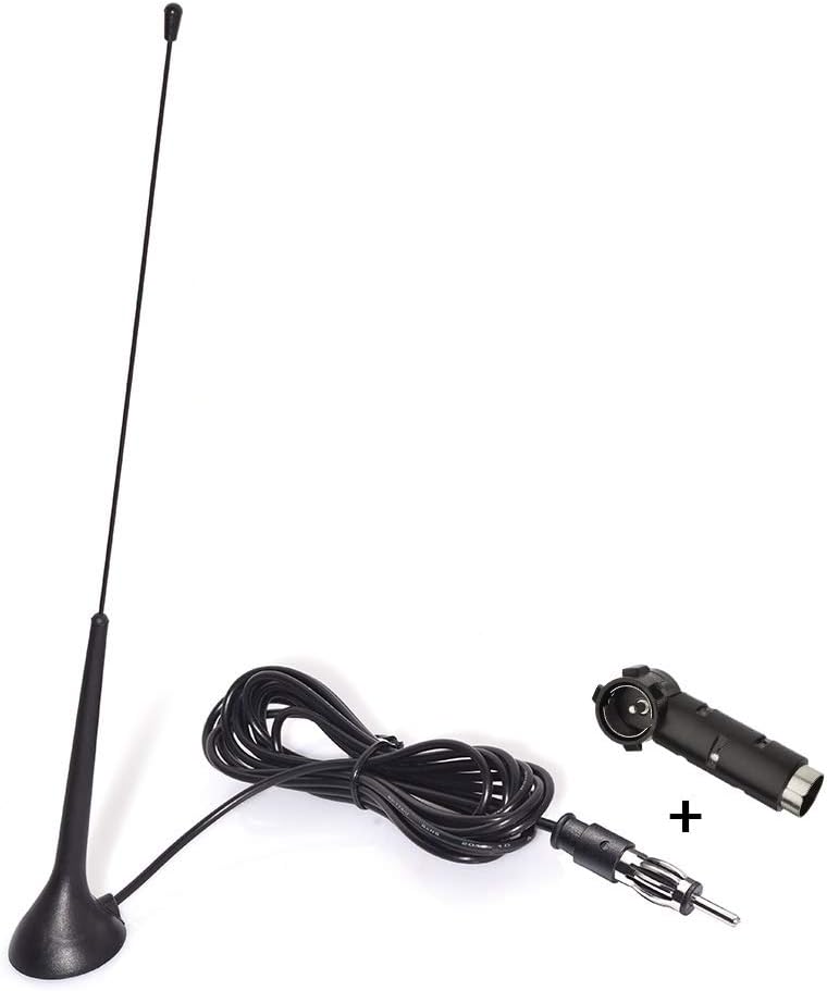 Eightwood Car Radio Antenna FM Antenna Radio Magnetic Attachment Antenna FM 3 m Cable RG174 + DIN Socket to ISO Adapter for Cars Radio Trucks Universal Multi-Way