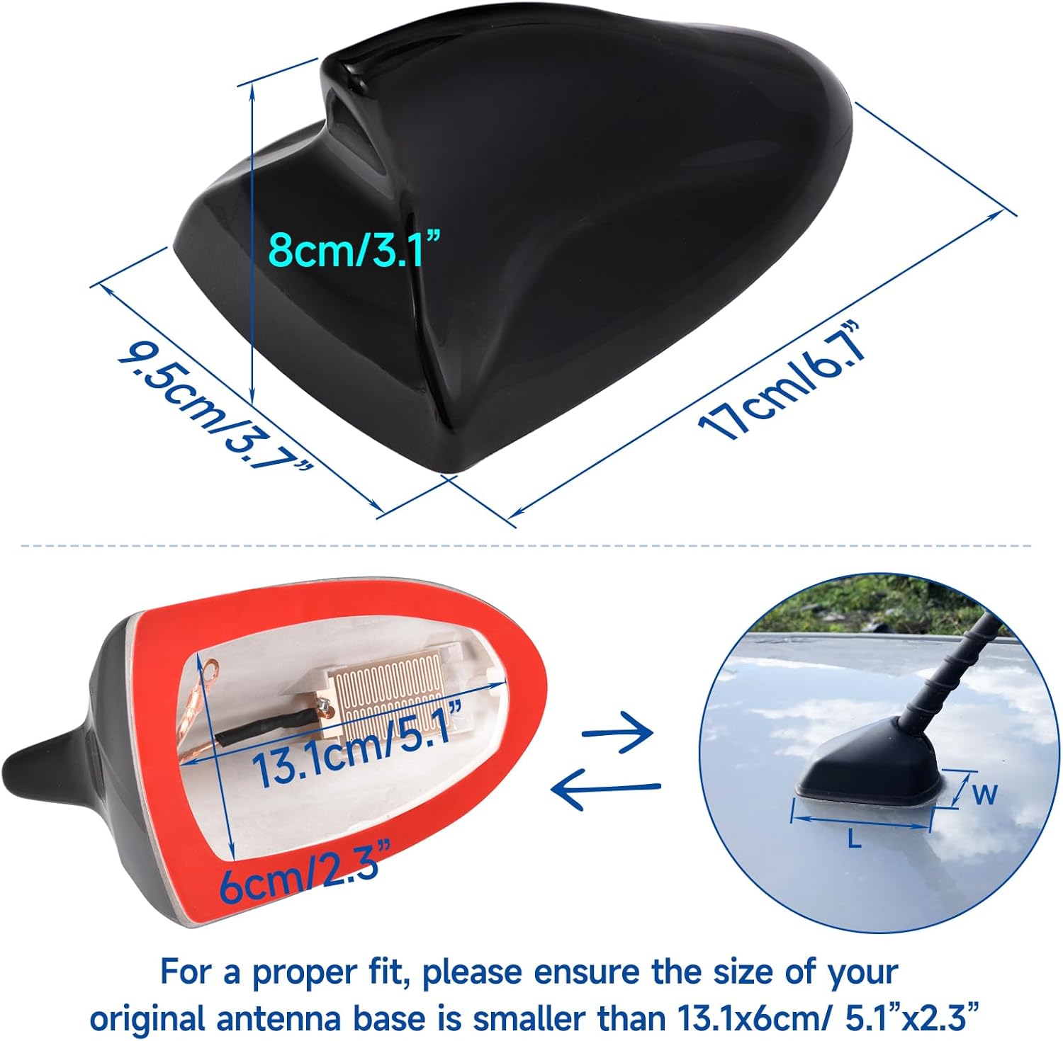 Eightwood Shark Fin Antenna Cover, Car AM/FM Radio Antenna Topper, Roof Mount Antennae with Adhesive Tape for Car Truck SUV, Black