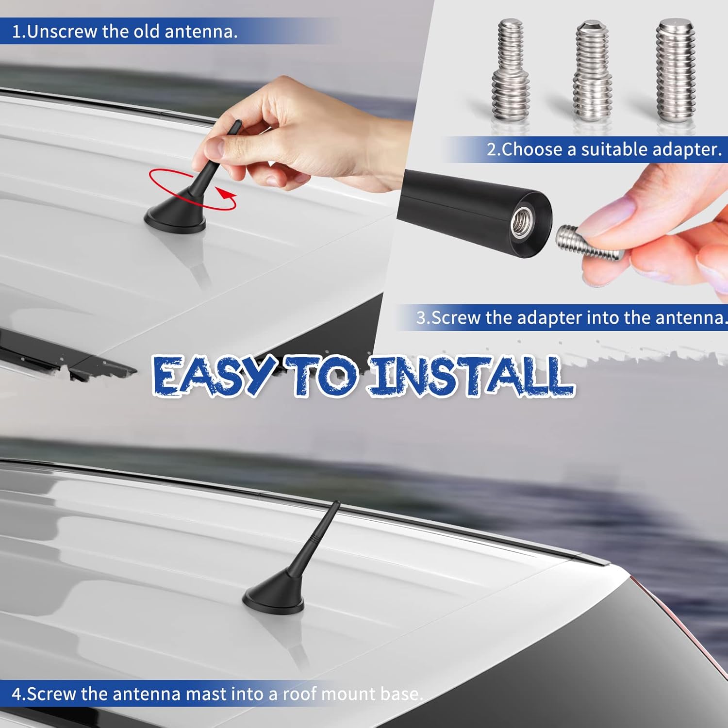 Eightwood Short Car Antenna 3.6 inch, Universal Roof Mount Vehicle AM FM Radio Antenna Mast Replacement, Flexible Rubber Antennae with M4 M5 M6 Thread Adapters