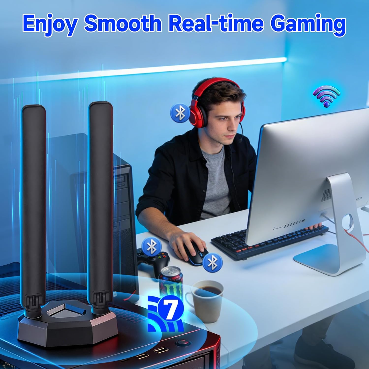 Eightwood WiFi 7 Gaming PC Motherboard Antenna for ASUS Desktop PC, Compatible with ROG Strix, TUF Gaming, ProArt and Prime Motherboards, Magnetic Base with 6.5ft Cable and Push-On Connector
