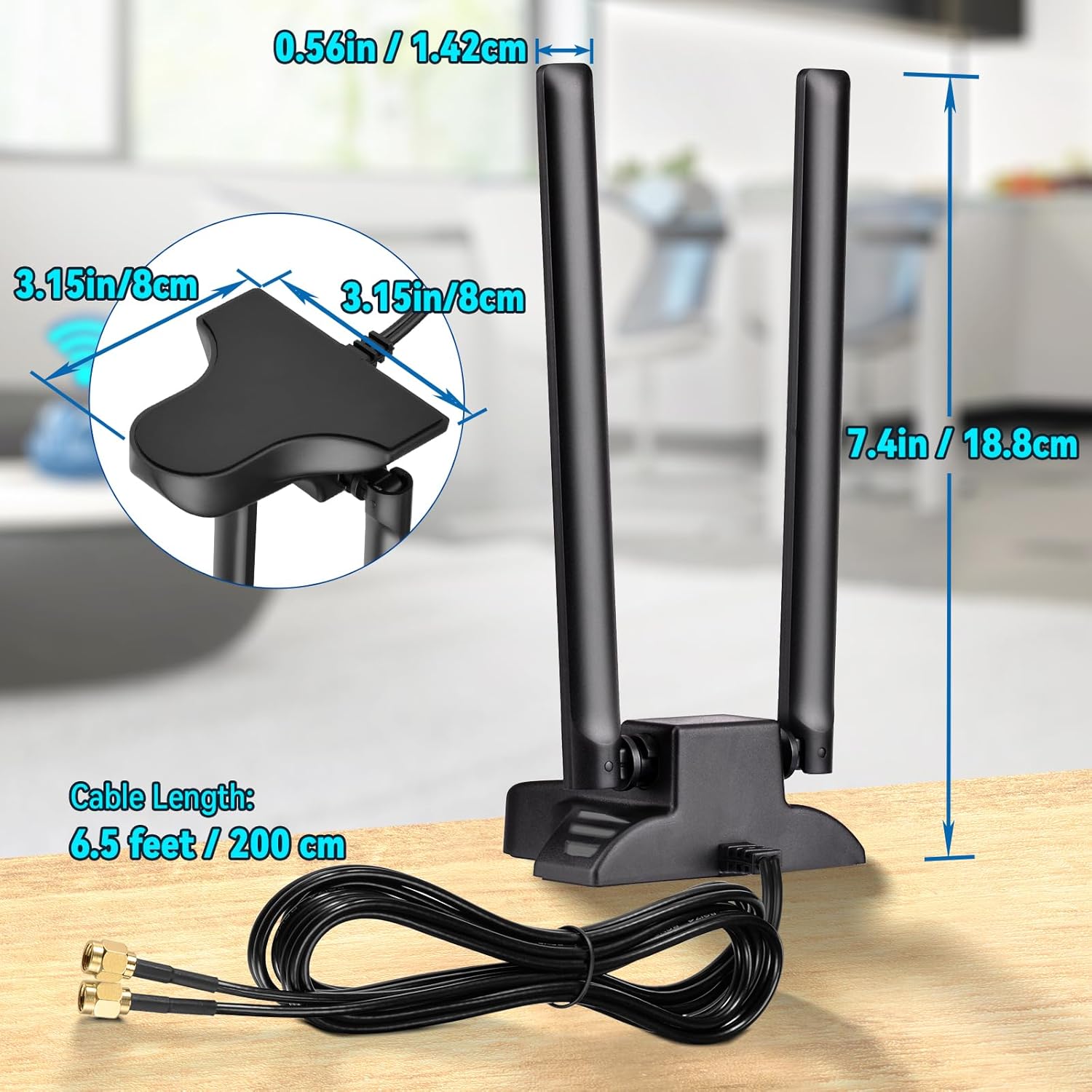 Eightwood PC WiFi Antenna Dual Band 2.4GHz 5GHz RP-SMA WiFi Antenna with 6.5 Feet Extension Cable for Desktop Computer PCIe WiFi Card