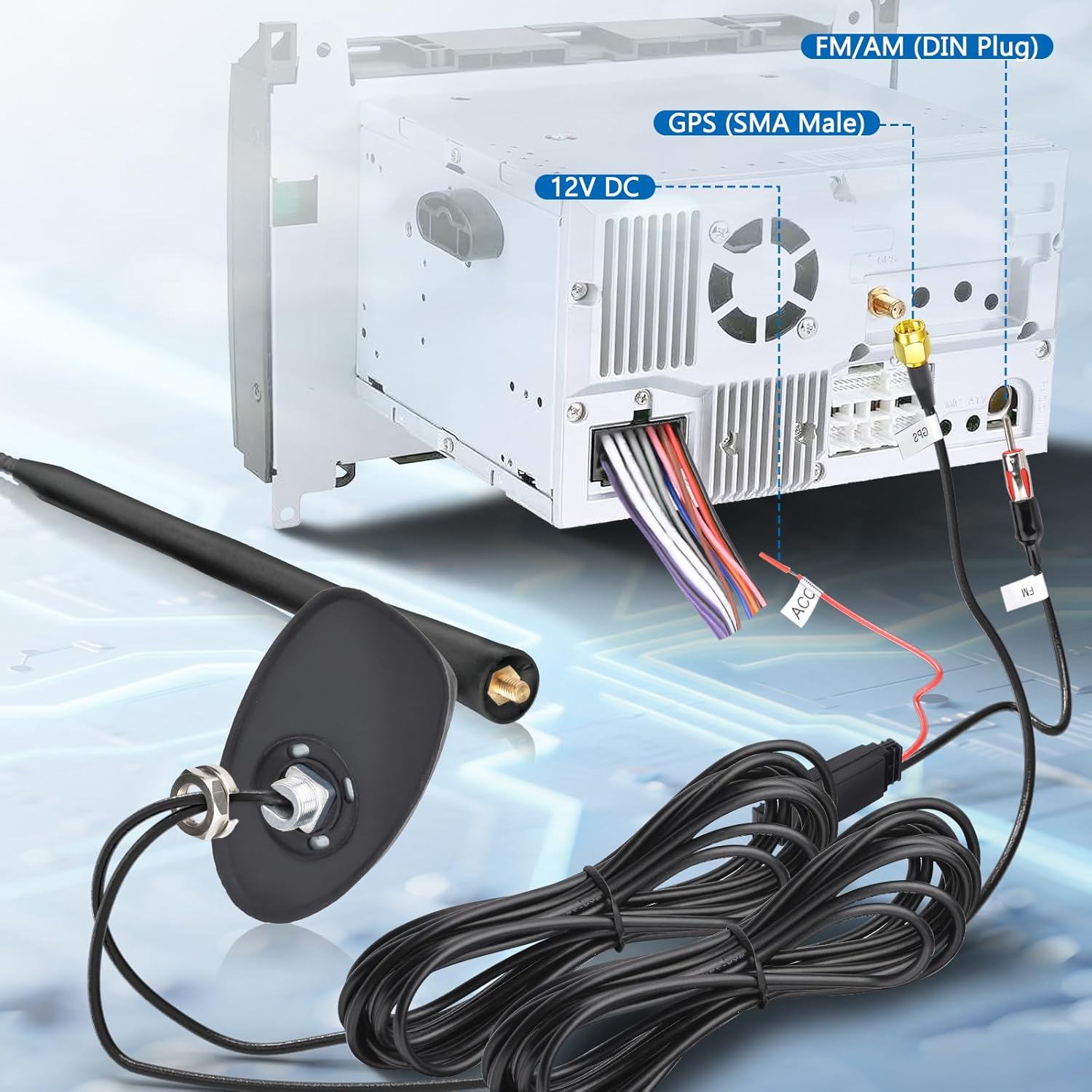 Eightwood FM/AM + GPS Car Combo Antenna, Amplified FM AM Radio Antenna and GPS SMA Antennae with 16.4 feet Cable for Car Truck SUV Marine Boat Radio Stereo Receiver Head Unit Navigation System