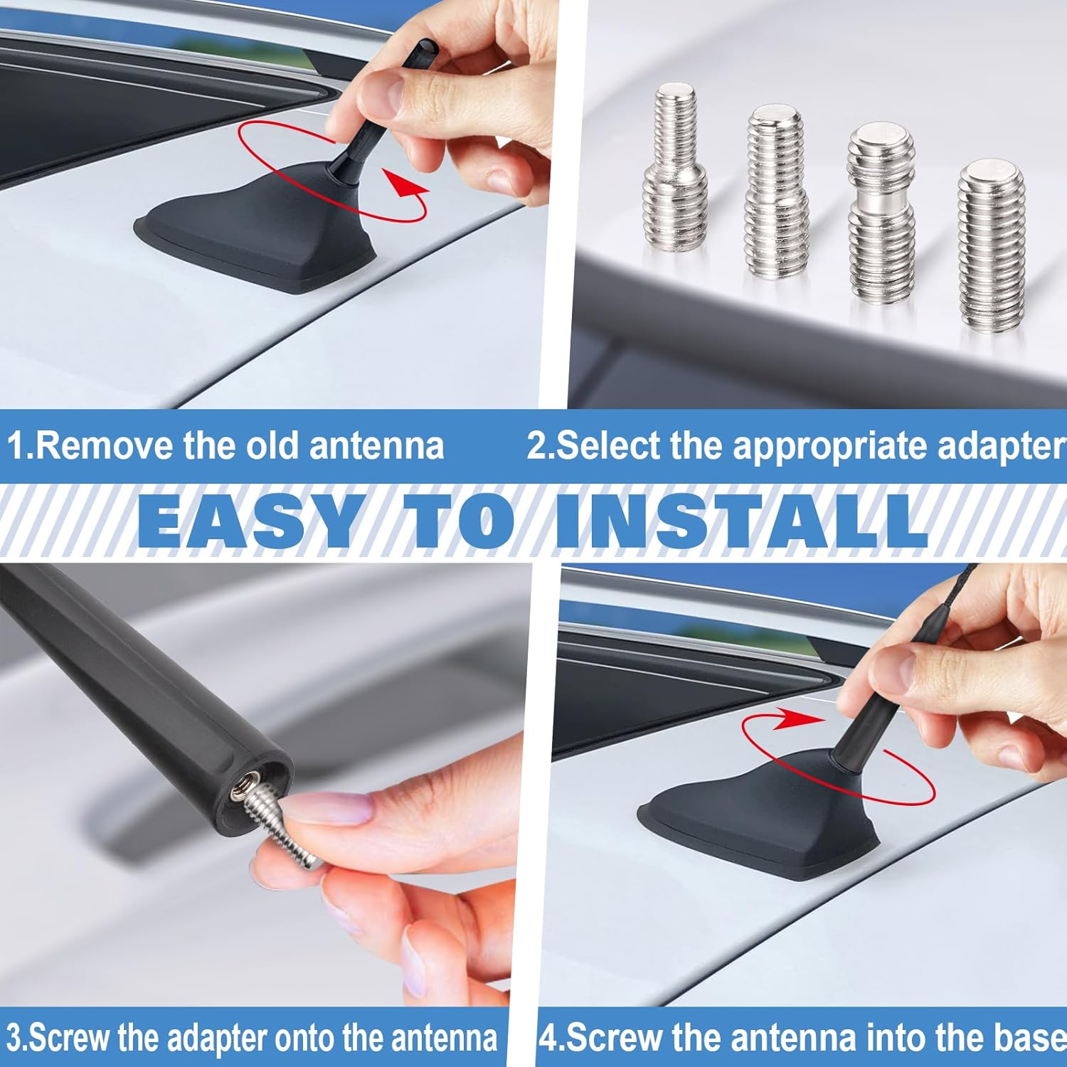 Eightwood Vehicle Roof Mount Antenna Mast 10.8in, Rubber AM FM Car Radio Antenna Replacement with M4 M5 M6 Thread Adapters