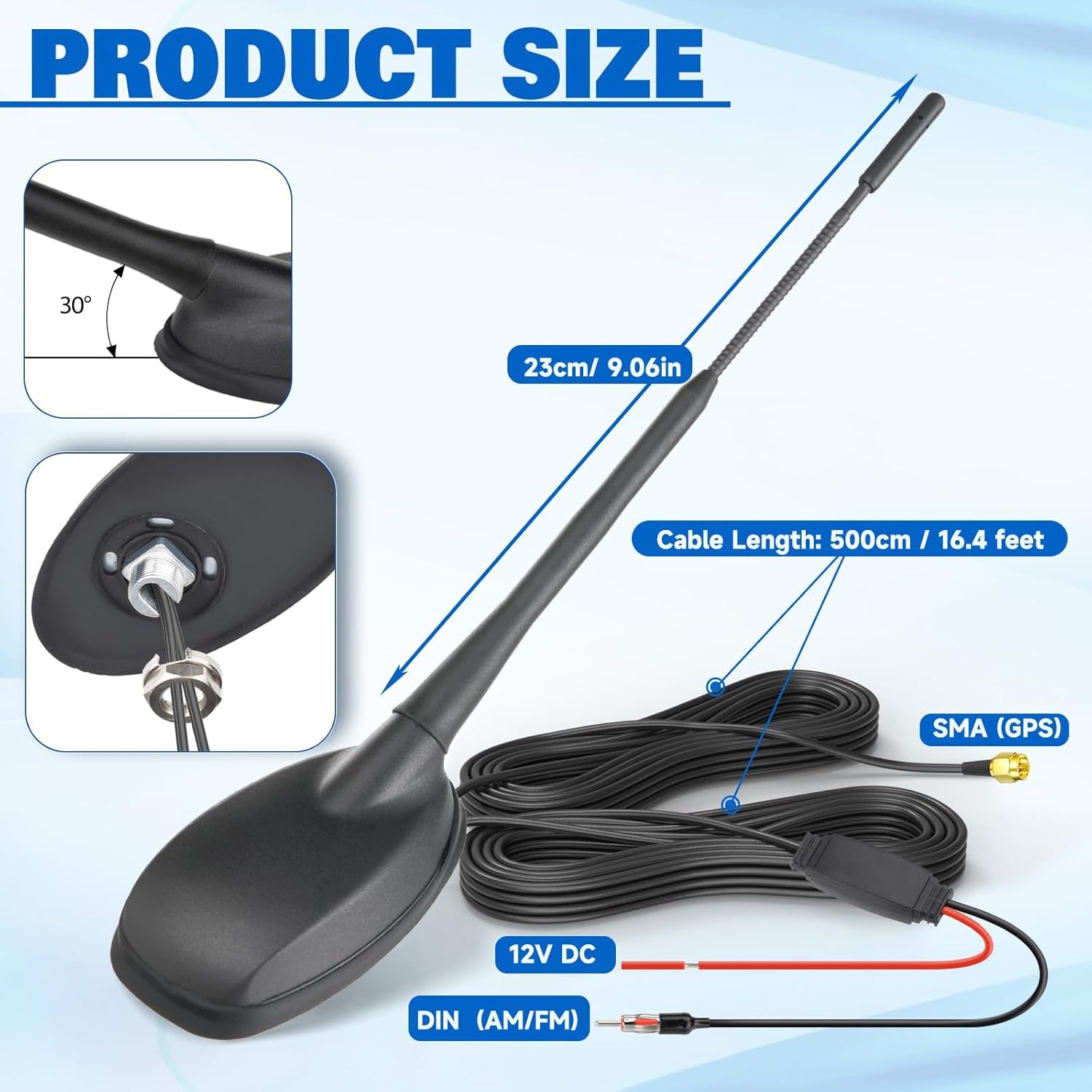 Eightwood FM/AM + GPS Car Combo Antenna, Amplified FM AM Radio Antenna and GPS SMA Antennae with 16.4 feet Cable for Car Truck SUV Marine Boat Radio Stereo Receiver Head Unit Navigation System