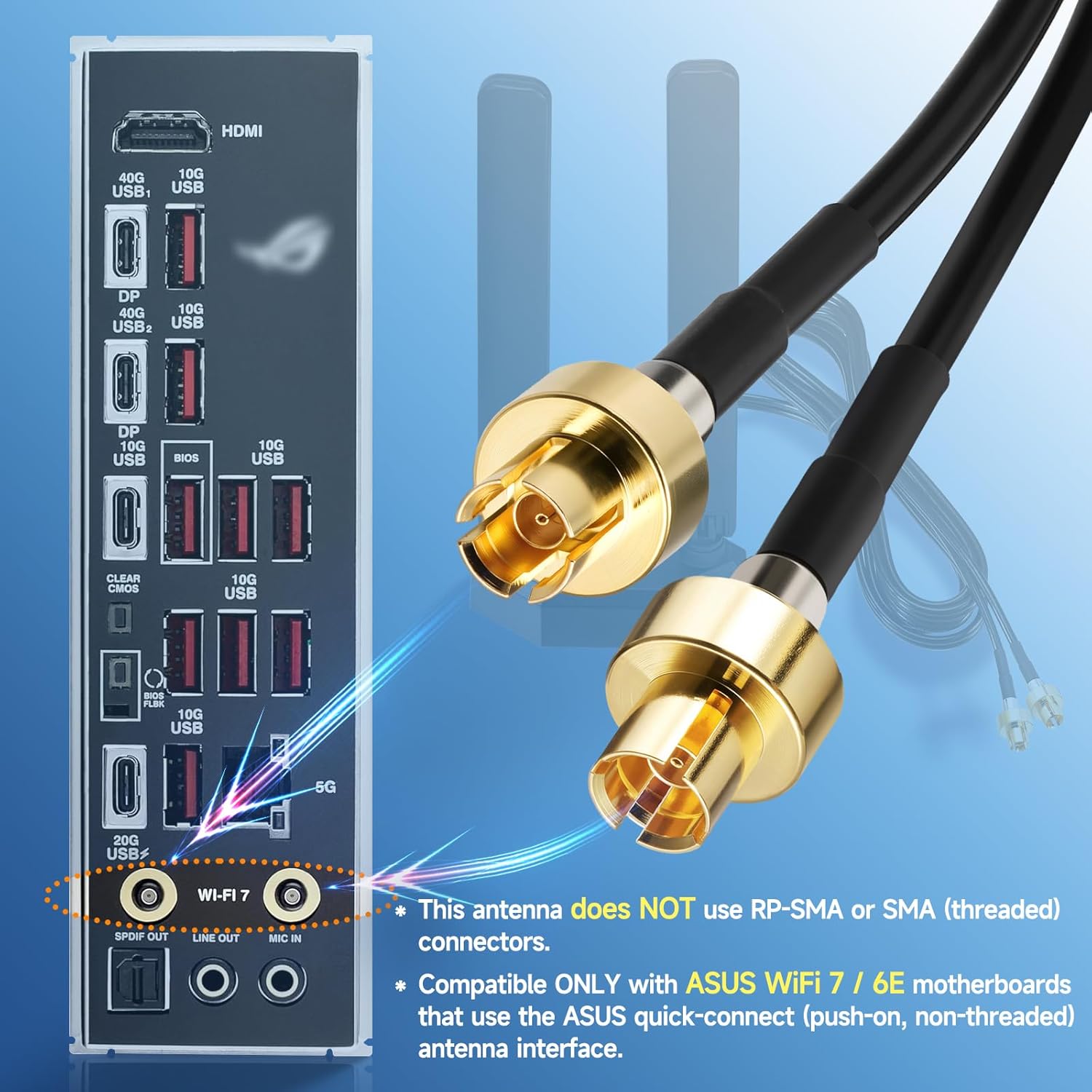 Eightwood WiFi 7 Gaming PC Motherboard Antenna for ASUS Desktop PC, Compatible with ROG Strix, TUF Gaming, ProArt and Prime Motherboards, Magnetic Base with 6.5ft Cable and Push-On Connector