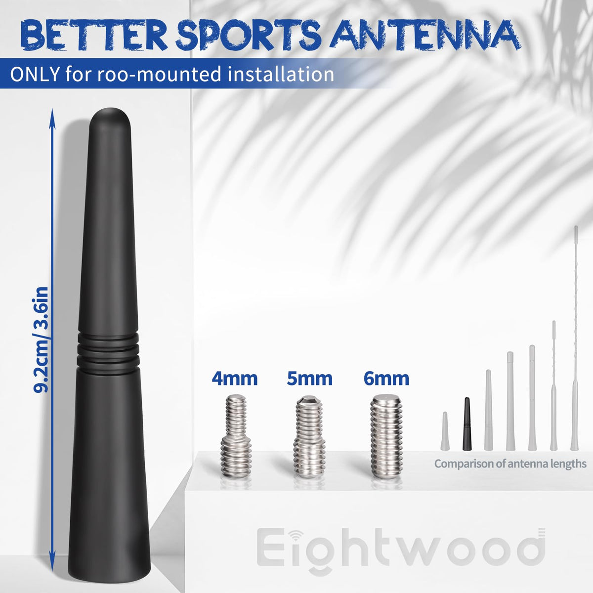 Eightwood Short Car Antenna 3.6 inch, Universal Roof Mount Vehicle AM FM Radio Antenna Mast Replacement, Flexible Rubber Antennae with M4 M5 M6 Thread Adapters