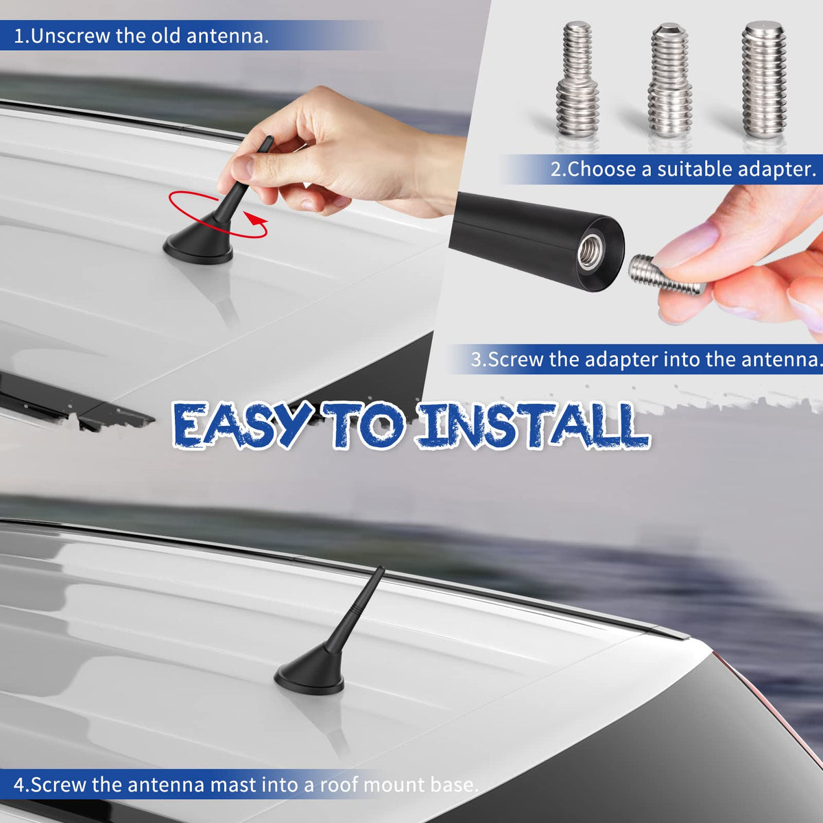 Eightwood Short Car Antenna 3.6 inch, Universal Roof Mount Vehicle AM FM Radio Antenna Mast Replacement, Flexible Rubber Antennae with M4 M5 M6 Thread Adapters