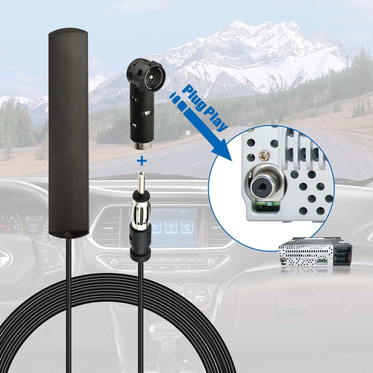 Eightwood Car Stereo FM Radio Antenna, Hidden Windshield Antenna, DIN Plug Adhesive Patch Antennae + DIN Female to ISO Adapter for Vehicle Car Truck Stereo Receiver Head Unit FM HD Radio