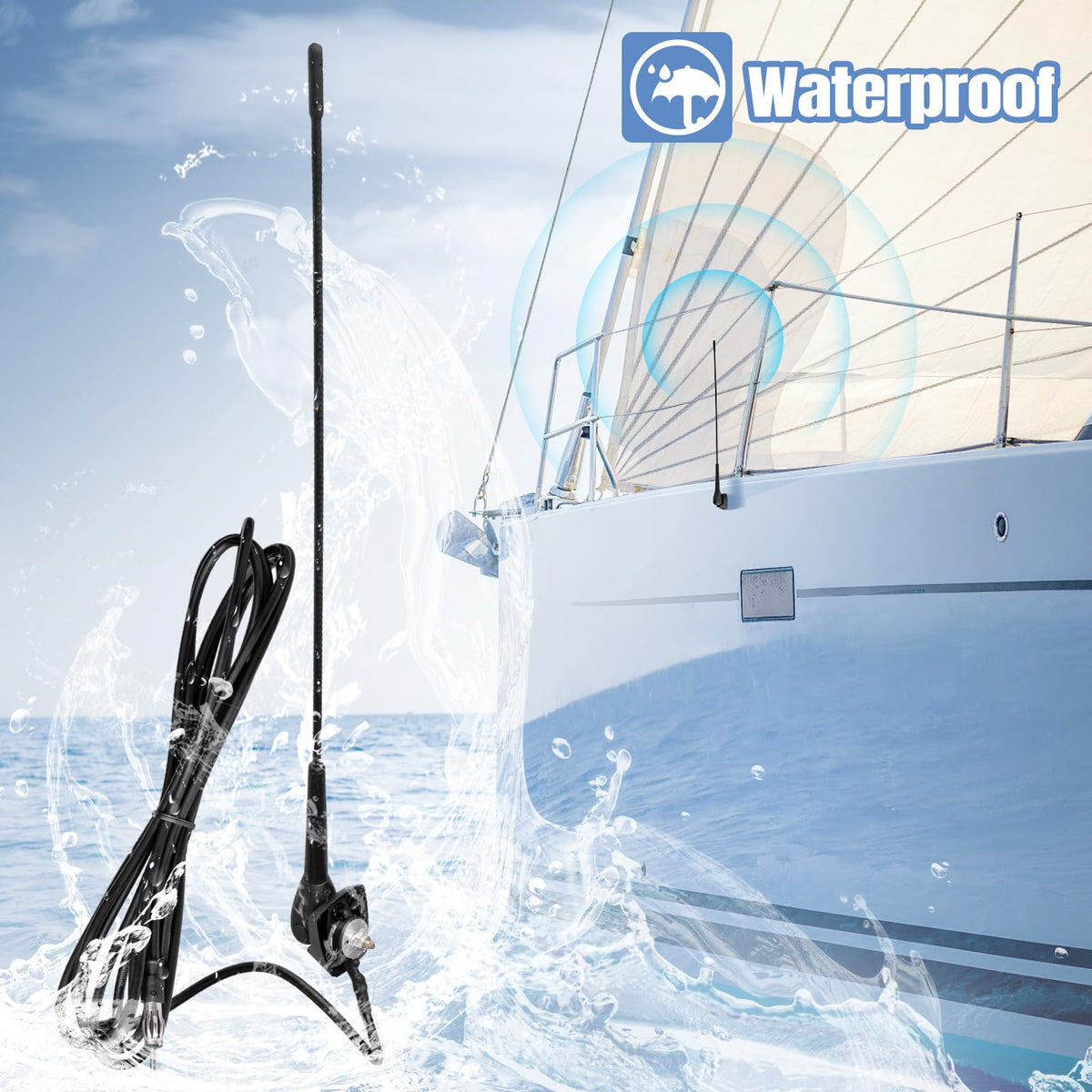 Eightwood Waterproof Marine Boat Radio Antenna 18 Inch, AM/FM Stereo Antenna Mast Replacement with Mount Base for Boat Car Tractor RV ATV UTV Motorcycle Yacht Pontoon