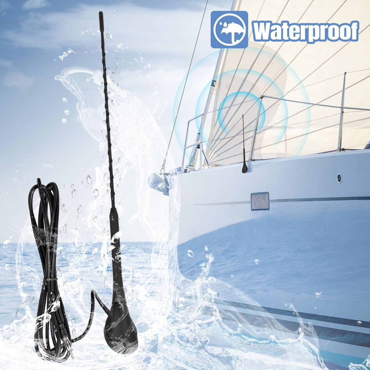 Eightwood Car Marine Boat Radio Antenna 18.5 Inch, AM FM Stereo Antenna | Antenna Mast with Mounting Base for Boat Car Truck RV ATV UTV Yacht Pontoon Stereo Receiver, 6.5ft Extension Cable, DIN Plug