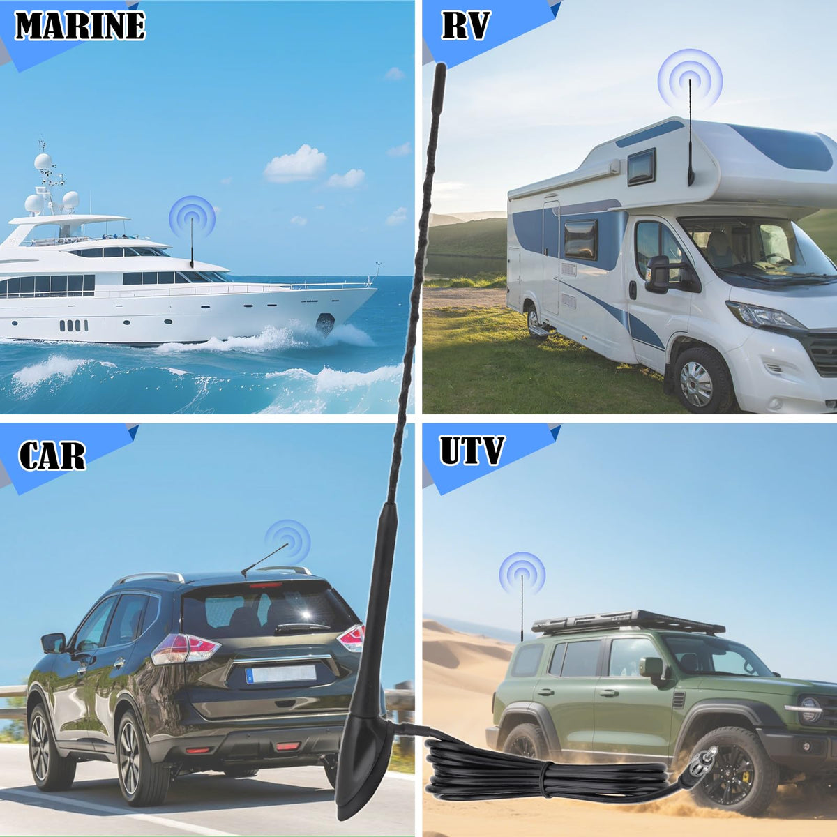 Eightwood Car Marine Boat Radio Antenna 18.5 Inch, AM FM Stereo Antenna | Antenna Mast with Mounting Base for Boat Car Truck RV ATV UTV Yacht Pontoon Stereo Receiver, 6.5ft Extension Cable, DIN Plug