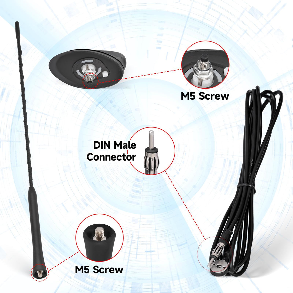 Eightwood Car Marine Boat Radio Antenna 18.5 Inch, AM FM Stereo Antenna | Antenna Mast with Mounting Base for Boat Car Truck RV ATV UTV Yacht Pontoon Stereo Receiver, 6.5ft Extension Cable, DIN Plug