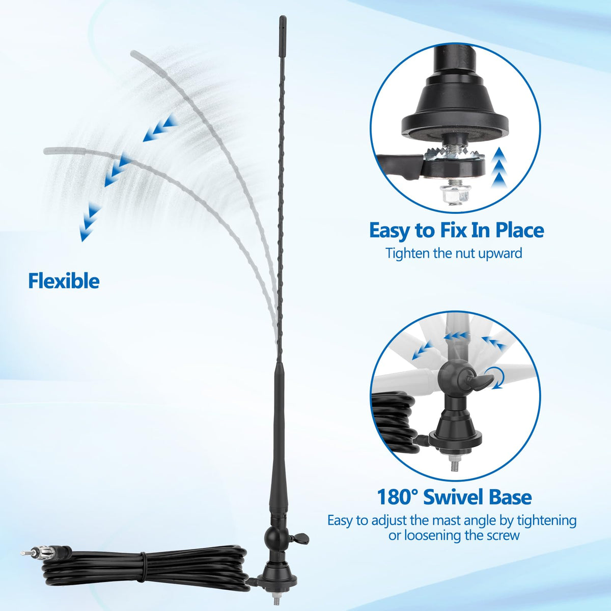 Eightwood Boat Car Radio Antenna 20 Inch, Rubber AM/FM Stereo Antenna Mast with Mount Base for Marine Boat Car Tractor RV UTV ATV Motorcycle Yacht Pontoon