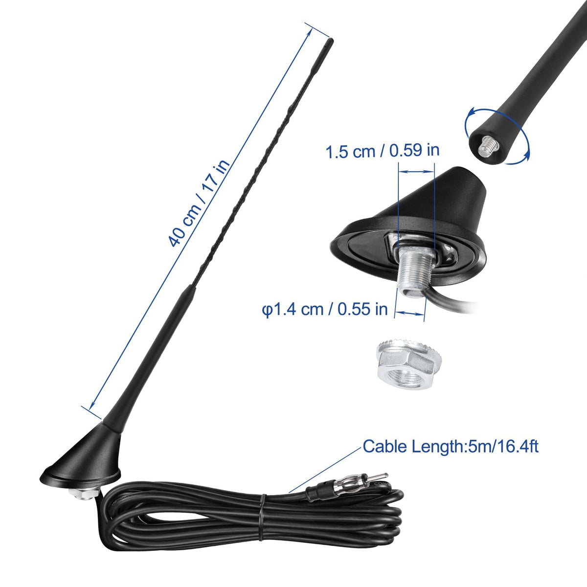 Eightwood Universal Vehicle Antenna 16in, AM FM Roof Mount Car Radio Antenna Mast with Mount Base 16ft Extension Cable for Car Truck Stereo Receiver Head Unit
