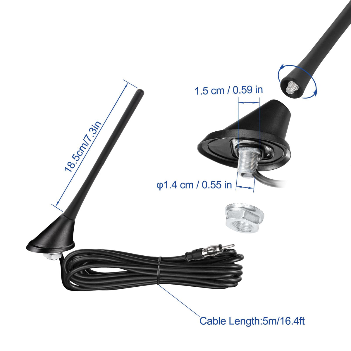 Eightwood Universal Car Radio Rubber Antenna 7in, FM AM Roof Mount Vehicle Antennae Replacement with Mount Base 16ft Cable for Car Truck Stereo Receiver Head Unit