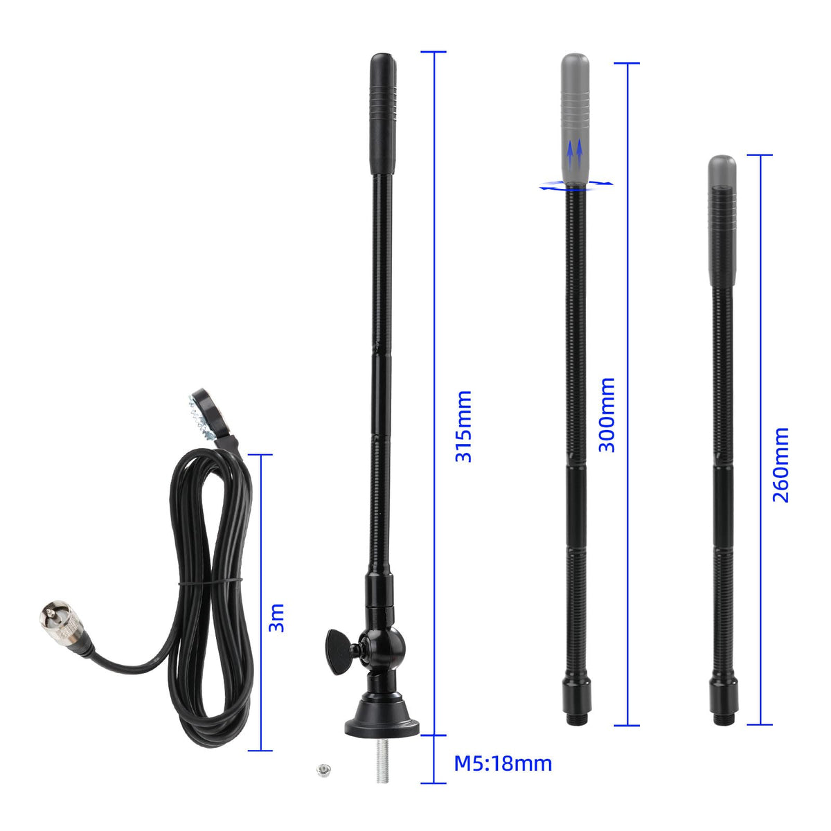 Eightwood 27MHz CB Radio Antenna with Adjustable Rotating Base, PL259 & BNC Boat Marine Car Antenna Kit, Compatible with Uniden President Cobra Galaxy Mobile Handheld CB Radios