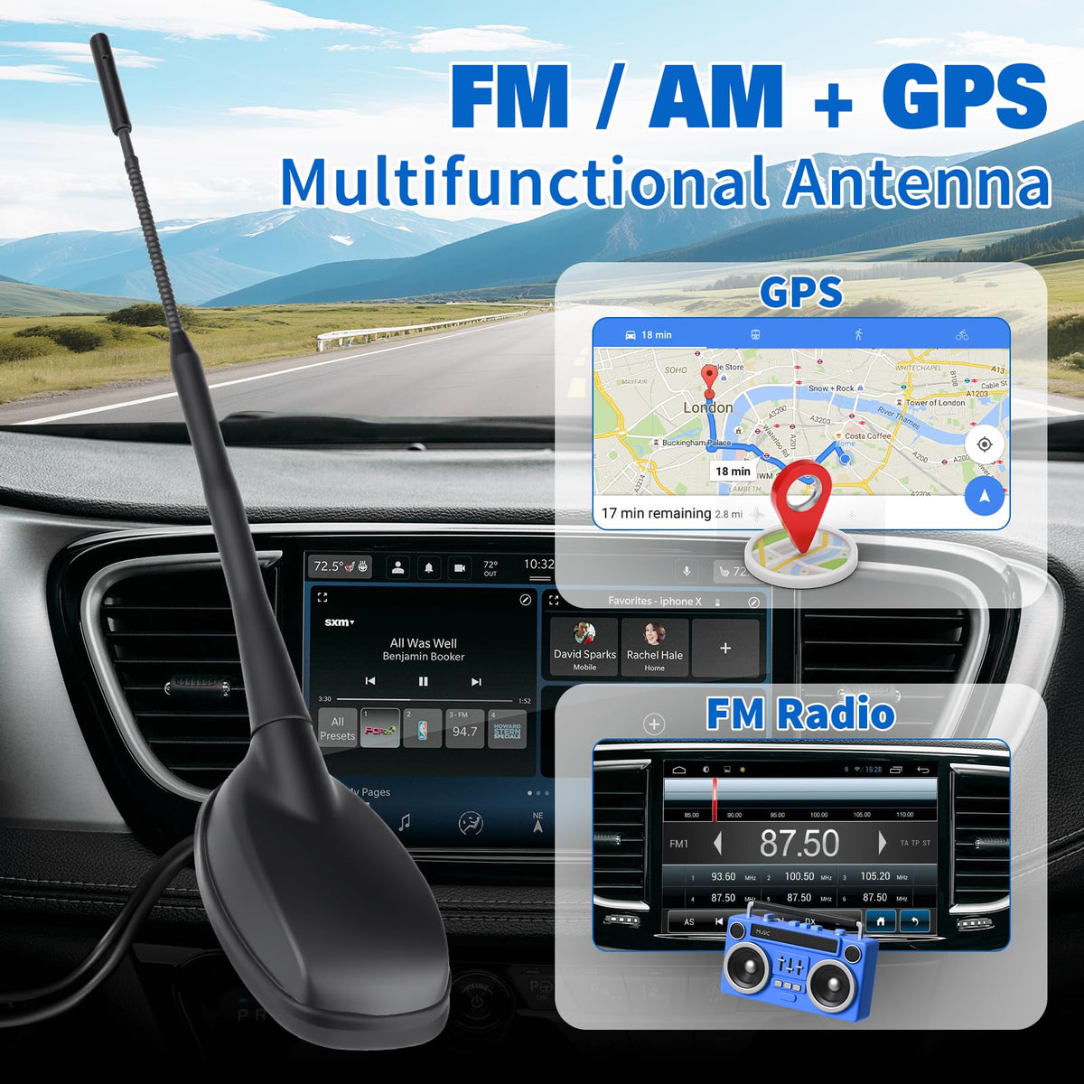 Eightwood FM/AM + GPS Car Combo Antenna, Amplified FM AM Radio Antenna and GPS SMA Antennae with 16.4 feet Cable for Car Truck SUV Marine Boat Radio Stereo Receiver Head Unit Navigation System