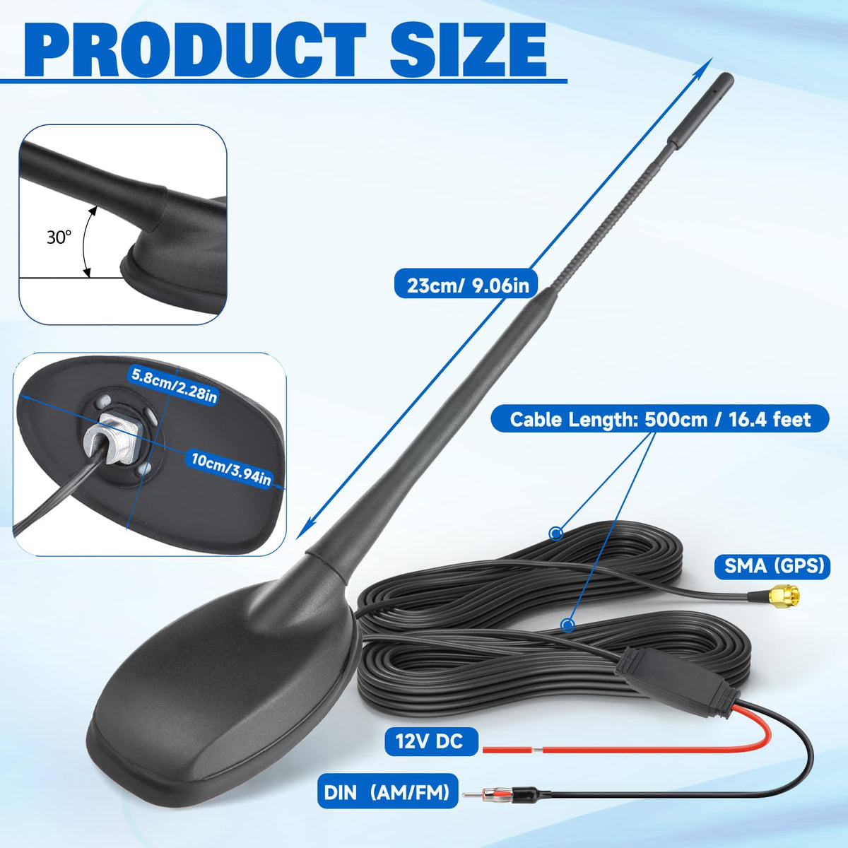 Eightwood FM/AM + GPS Car Combo Antenna, Amplified FM AM Radio Antenna and GPS SMA Antennae with 16.4 feet Cable for Car Truck SUV Marine Boat Radio Stereo Receiver Head Unit Navigation System