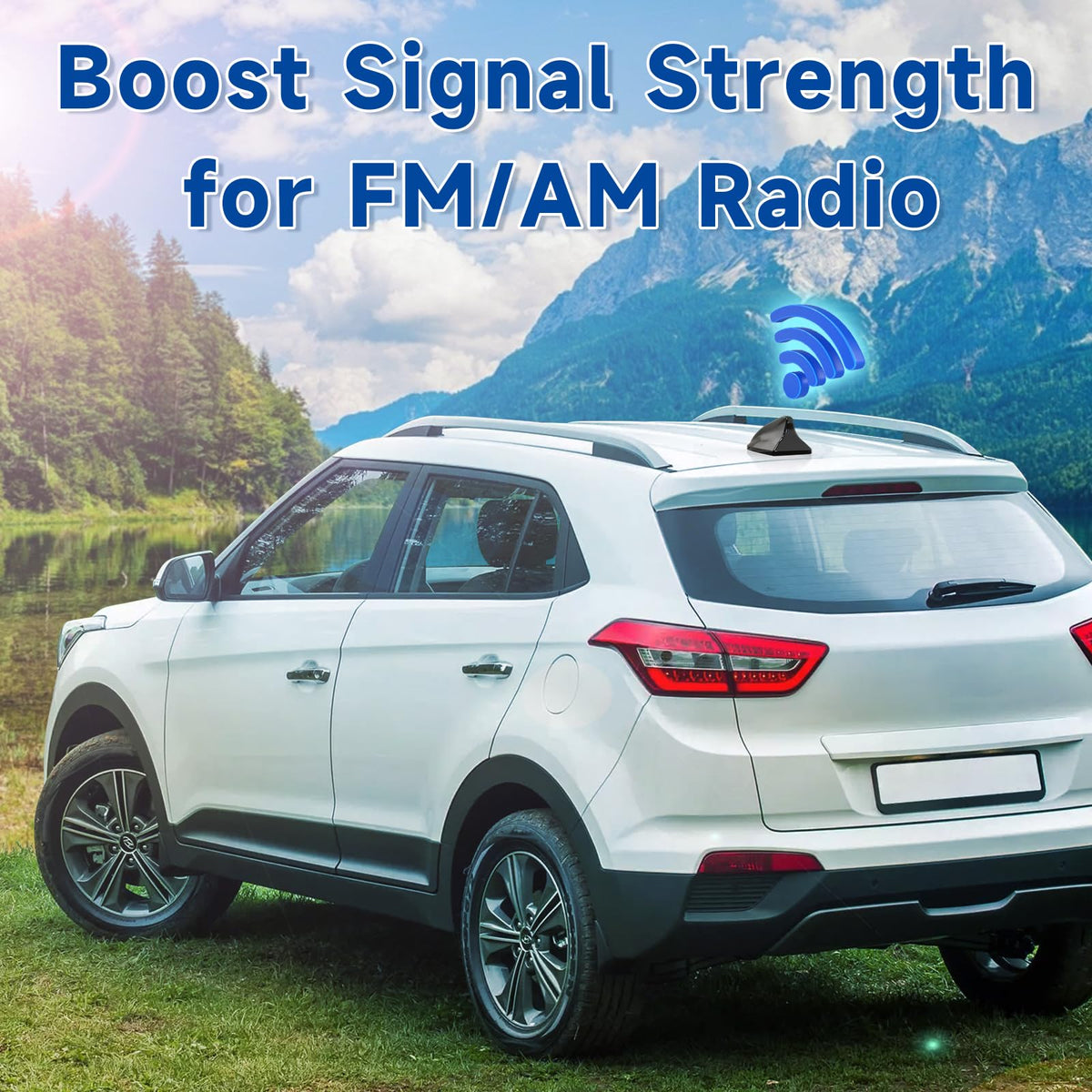 Eightwood Shark Fin Amplified Car Radio Antenna, Universal Roof Mount FM AM Antenna with 12V Power Wire for Vehicle Car Truck SUV Stereo Radio Receiver Media Head Unit