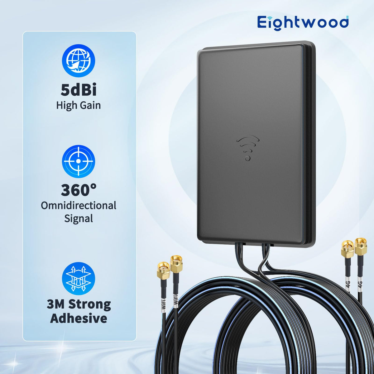 Eightwood 4G LTE WiFi 6E Bluetooth Combo Antenna, SMA & RP-SMA Connector | Wideband 600MHz-6000MHz, Adhesive Mount, 9.8ft Cable, Compatible with Industrial Cellular Router, CPE, IoT Gateway, Hotspot