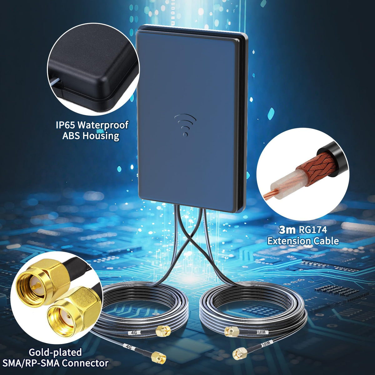 Eightwood 4G LTE WiFi 6E Bluetooth Combo Antenna, SMA & RP-SMA Connector | Wideband 600MHz-6000MHz, Adhesive Mount, 9.8ft Cable, Compatible with Industrial Cellular Router, CPE, IoT Gateway, Hotspot