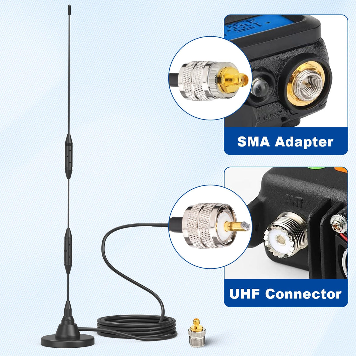 Eightwood Car Mobile Ham Radio Antenna High Gain Dual Band VHF UHF 136-174MHz 400-480MHz PL259 Male Antennae Magnetic Base with SMA Female to SO239 Adapter for BTECH Anytone Baofeng Radios