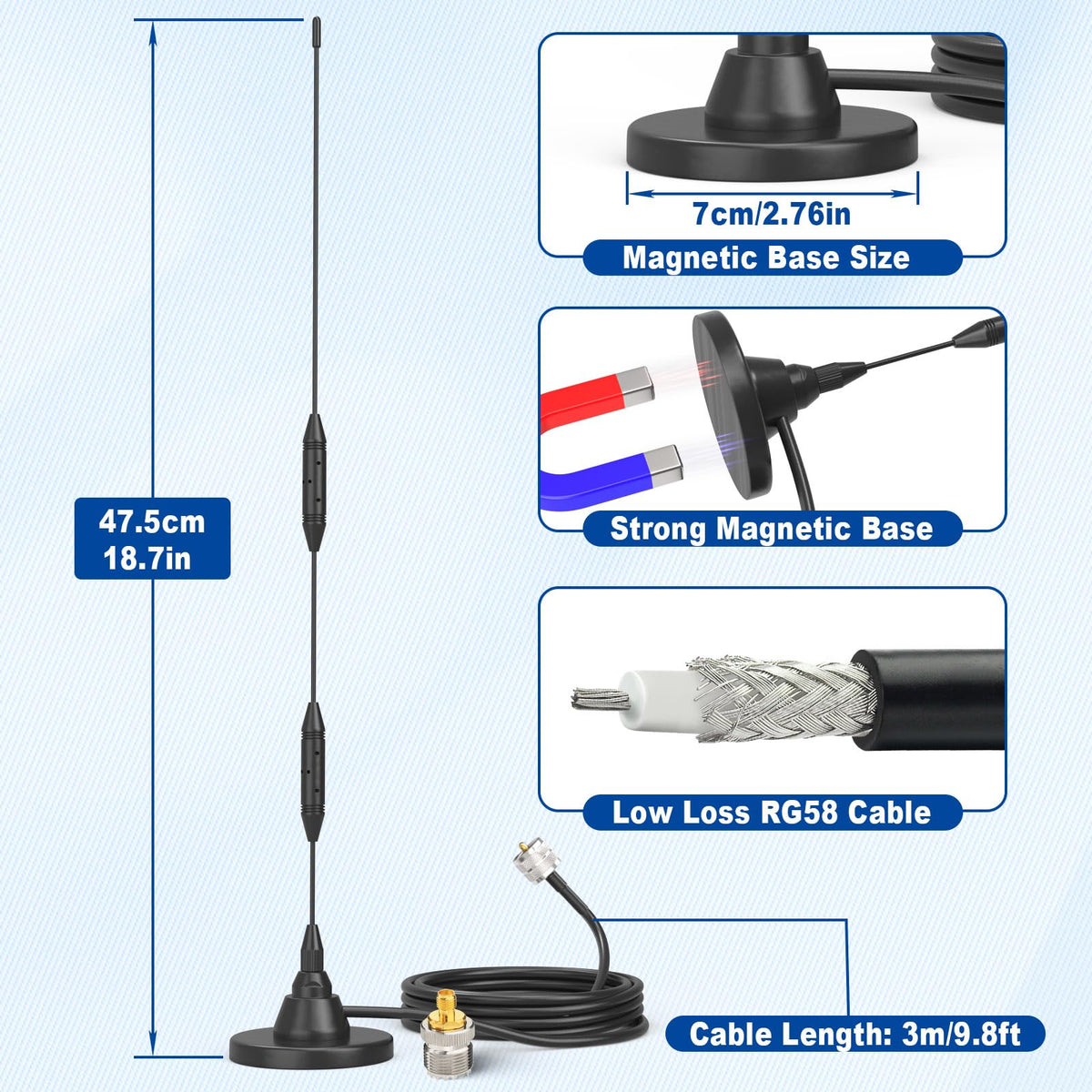 Eightwood Car Mobile Ham Radio Antenna High Gain Dual Band VHF UHF 136-174MHz 400-480MHz PL259 Male Antennae Magnetic Base with SMA Female to SO239 Adapter for BTECH Anytone Baofeng Radios