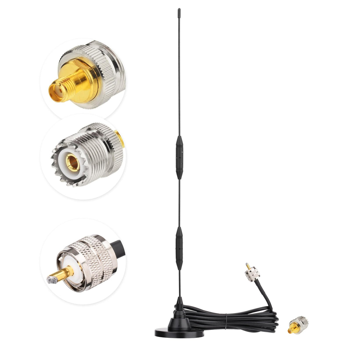 Eightwood Car Mobile Ham Radio Antenna High Gain Dual Band VHF UHF 136-174MHz 400-480MHz PL259 Male Antennae Magnetic Base with SMA Female to SO239 Adapter for BTECH Anytone Baofeng Radios