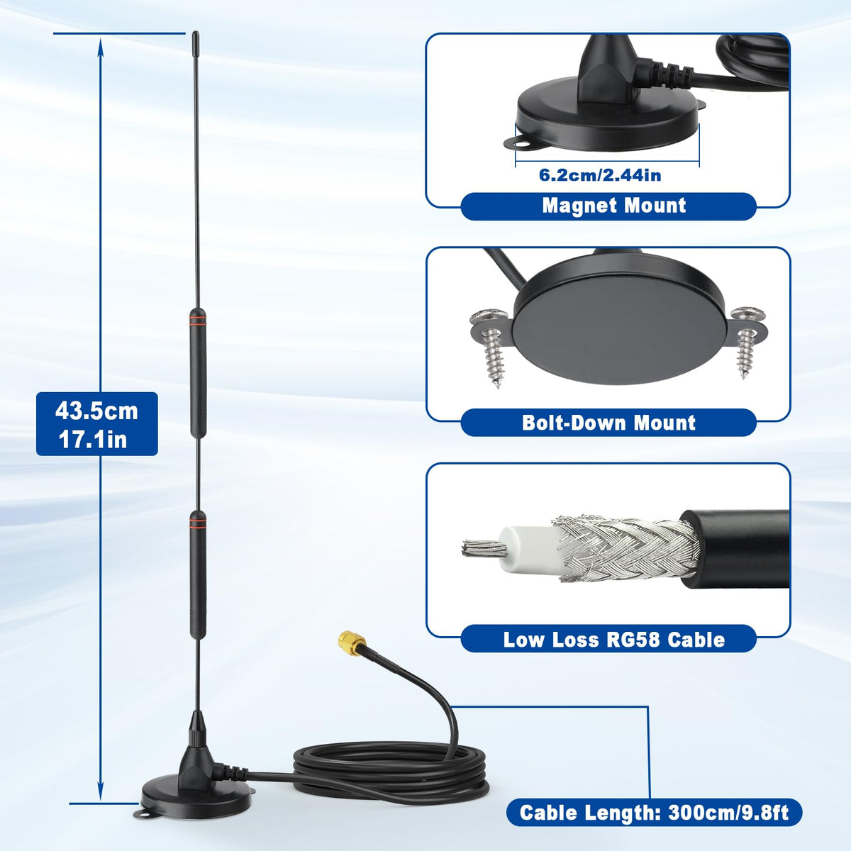 Eightwood Dual Band VHF/UHF Car Mobile Ham Radio Antenna, Magnetic Base | 136-174/400-470MHz, PL259 Male Antenna with SMA Female to SO239 Adapter, for Baofeng BTECH Yaesu AnyTone Midland GMRS Radios