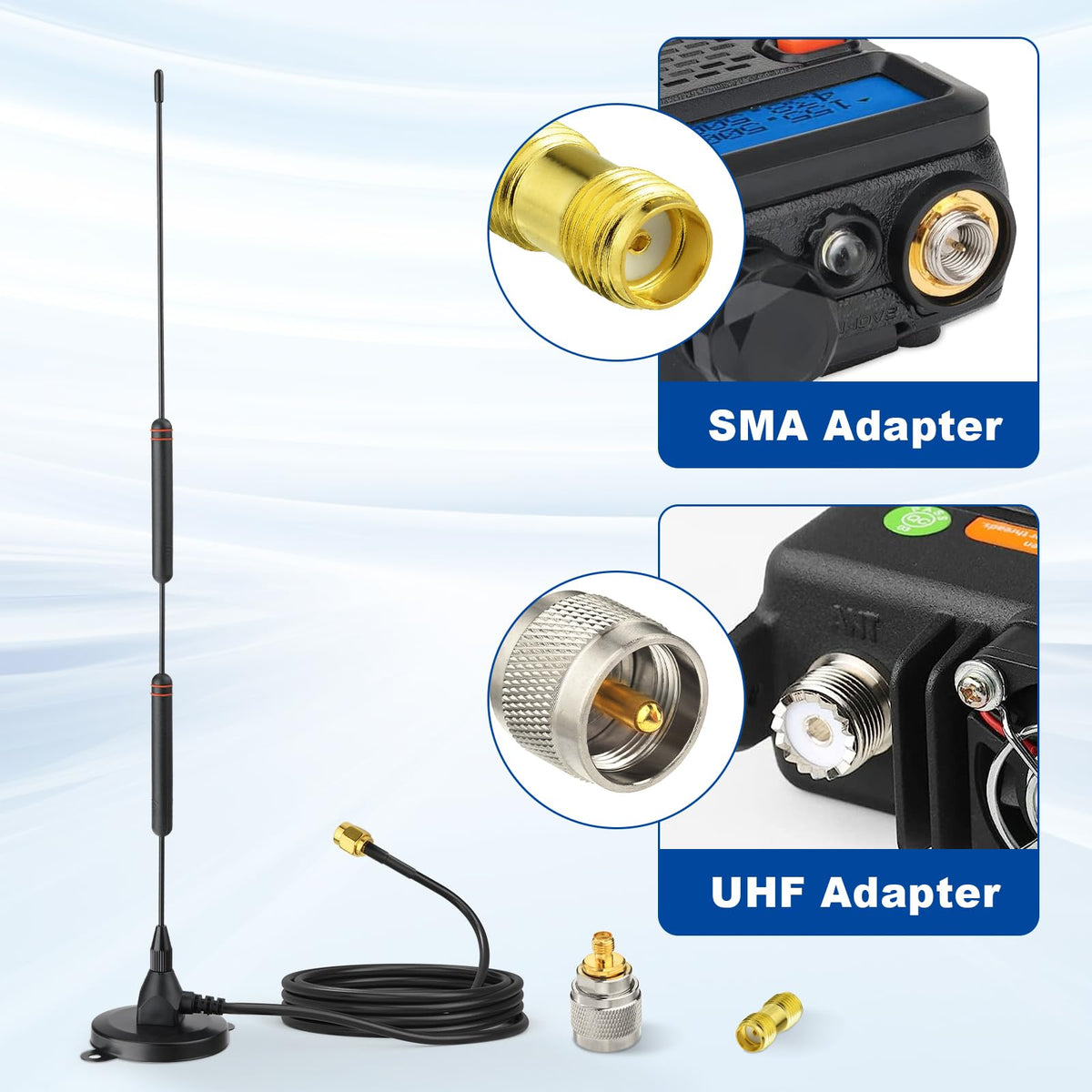 Eightwood Dual Band VHF/UHF Car Mobile Ham Radio Antenna, Magnetic Base | 136-174/400-470MHz, PL259 Male Antenna with SMA Female to SO239 Adapter, for Baofeng BTECH Yaesu AnyTone Midland GMRS Radios