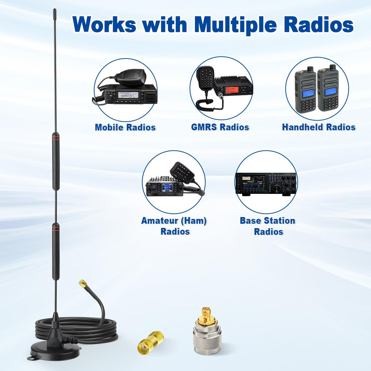 Eightwood Dual Band VHF/UHF Car Mobile Ham Radio Antenna, Magnetic Base | 136-174/400-470MHz, PL259 Male Antenna with SMA Female to SO239 Adapter, for Baofeng BTECH Yaesu AnyTone Midland GMRS Radios