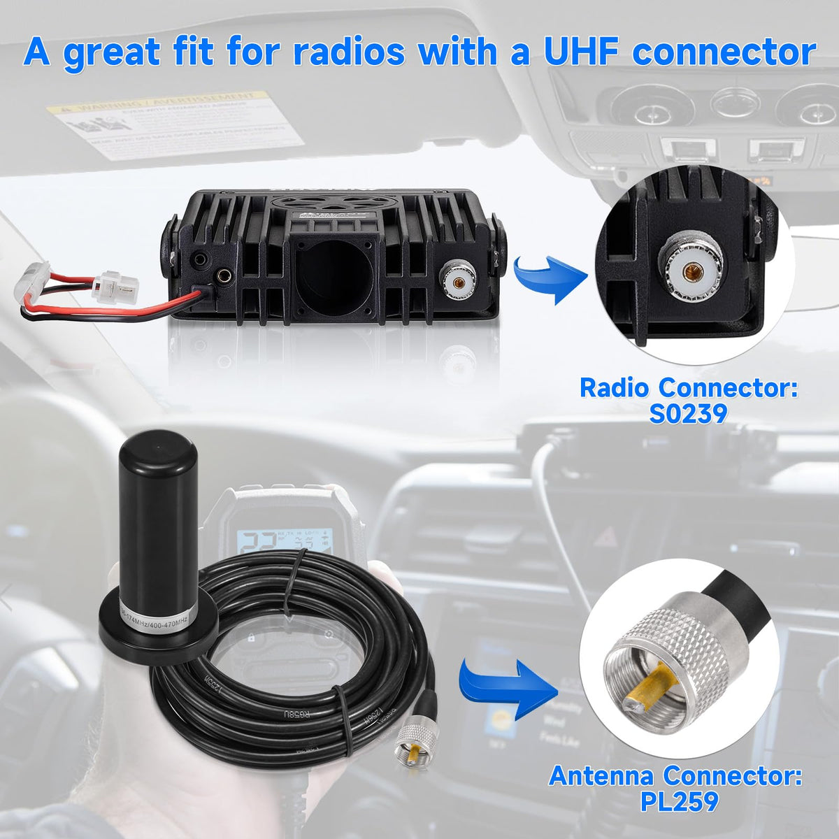 Eightwood Dual Band VHF UHF Ham Mobile Radio Antenna PL259 Connector with Magnetic Base Extension Cable 16 feet for Vehicle Marine Ham Radio Amateur Radio Mobile Transceiver 144/430mhz